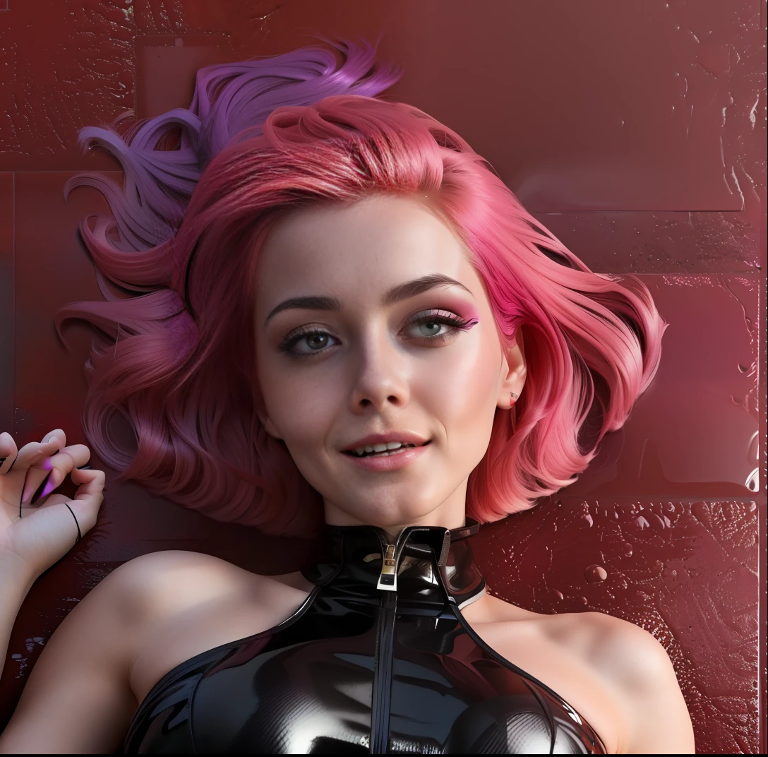 (1girl), top-down view, seductive pose, mischievous expression, revealing clothes, provocative attitude, lying on floor, hot, sizzling, sensual, busty, (blond hair:1.2+black hair+pink hair:1.1+red hair:1.1+purple hair:1.1), (low saturation, strong contrast), floor texture, dark background.
