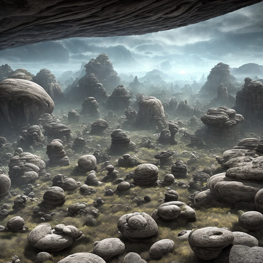(An otherworldly atmosphere), mysterious, ancient, (circular rock patterns + engraved symbols), (geometric shapes) , (earthly tones), (weighted colors), (twisted and mysterious reasonings),(large imposing rocks), (ominous and overpowering), (mechanical energy), (otherworldly)