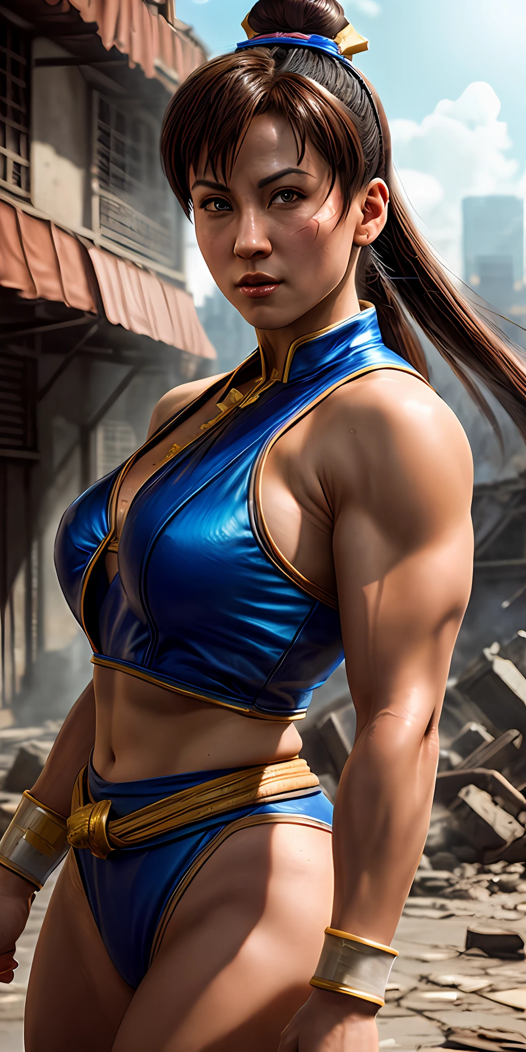 chun li street fighter (( super strong )), masterpiece, best quality, ultra-detailed, ground, destroyed city background, shadows, contrast, clear sky, analog style (look at viewer:1.2) (skin texture) (film grain:1.3), ultra-high resolution, octane render, 16k
