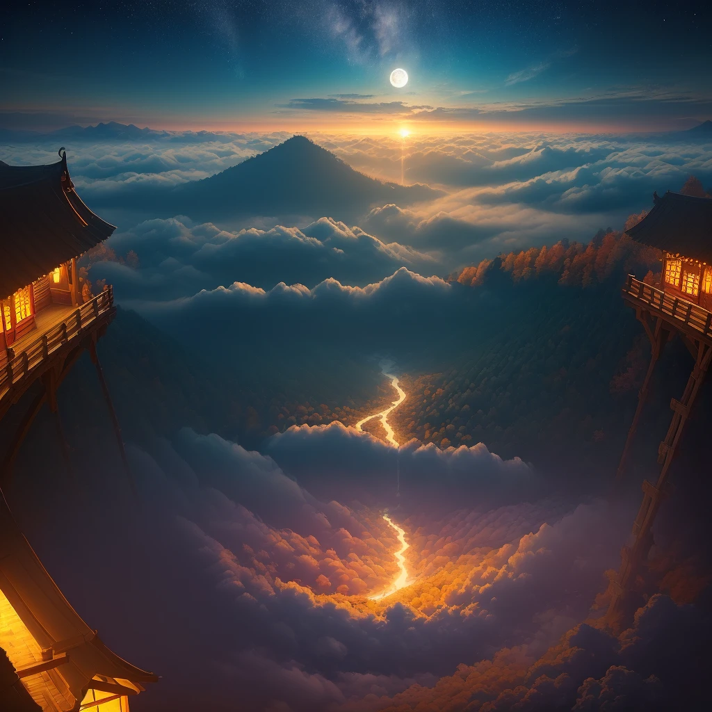 ((Fresh style: 1.2)|.) (Aesthetic painting style: 1.2 + fresh nature: 1.1 + beautiful nature: 1.1)),

vivid three-dimensional, ((Tarzan)),

(Covered bridge: 1.3|steps|sword|leaves|branches|deep alleys), (sea of clouds: 1.2|peak shadow|autumn color|twilight|clear sky|night view).

See the sea of clouds at the peak,