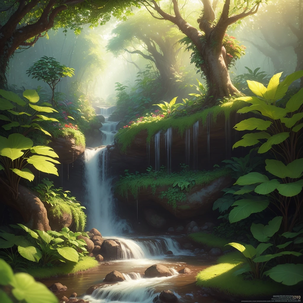 A jungle, sunny, colorful, vines, big trees, fruit trees, a stream with flowers on its edge, masterpiece, best quality, high quality, extremely detailed 8k CG wallpaper, oil painting, award-winning photography, Bokeh, Depth of Field, HDR, bloom, chromatic aberration, photorealistic, extremely detailed, trend in artstation, trend in CGsociety, intricate, high detail, dramatic, art in the middle of the journey, volumetric lighting. Image size: 960 x 536