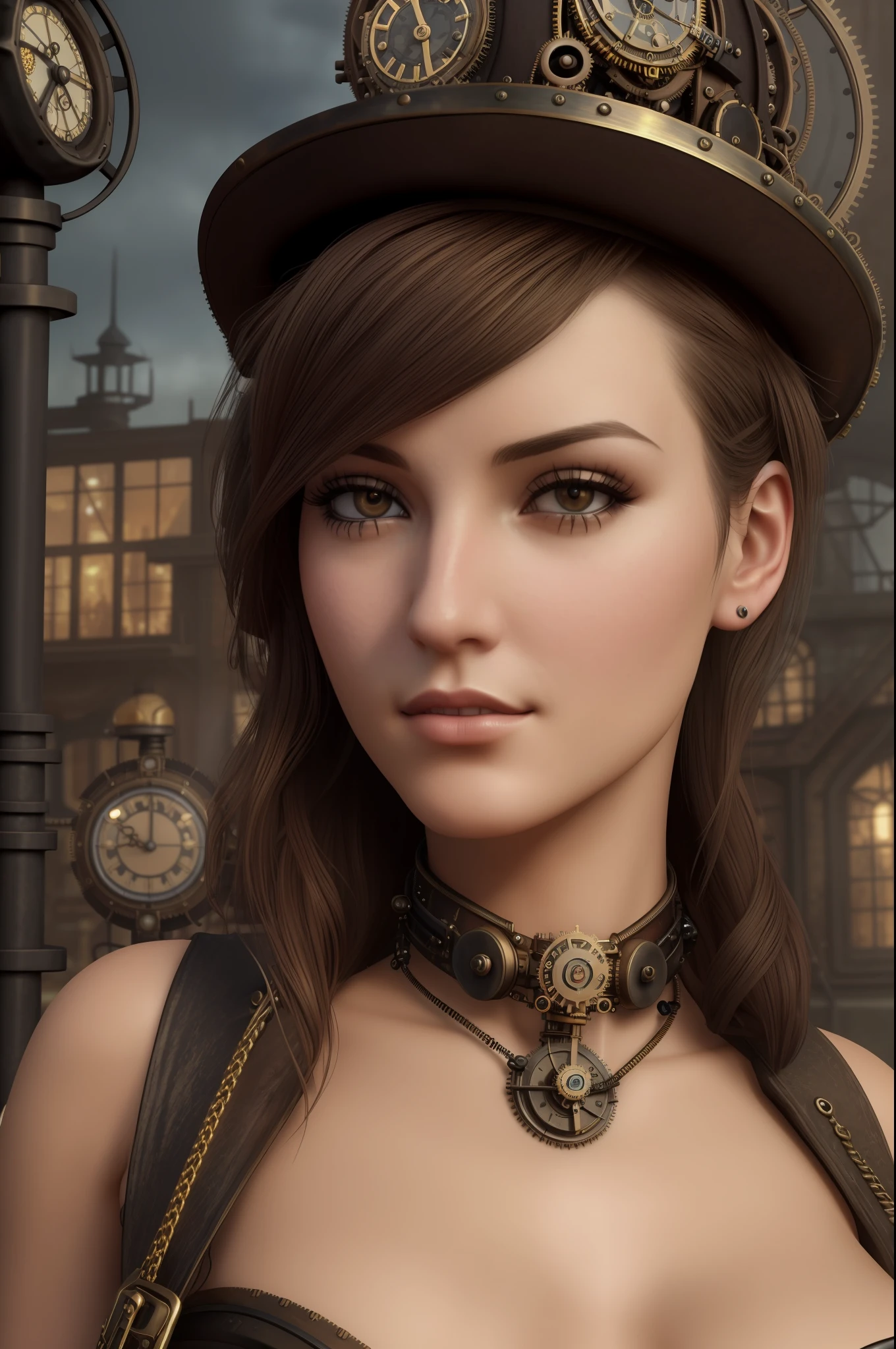 photo of woman, jenna (front to camera), detailed european face, (aspiring facial expression), (((steampunk style close))), ((steampunk city on the background)), RAW, analog style, ultra detailed photograph, cinematic lighting, artstation, 4k, sharp focus, high resolution, detailed skin, detailed eyes,