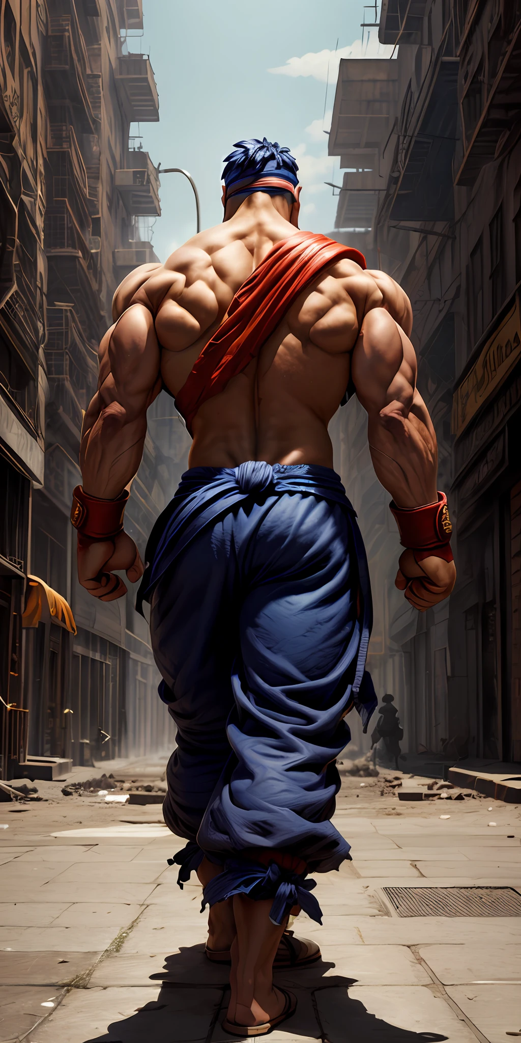 street fighter character concept (( super strong )), masterpiece, best quality, ultra-detailed, ground, destroyed city background, shadows, contrast, clear sky, analog style (look at viewer:1.2) (skin texture) (film grain:1.3), ultra-high resolution, octane render, 16k