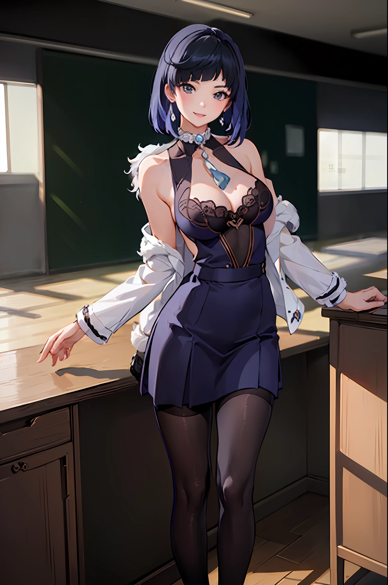 25 year old korean woman,, ((in the classroom)), ((school uniform)), RAW photo, (photorealistic:1.37, realistic), highly detailed CG integrated 8K wallpapers, 1girl, ((perfect body:1.1)), (medium breasts:1.2), viewer view, (((straight from front))), (HQ skin:1.2, shiny skin), 8K UHD, DSLR, Soft Lighting, High Quality, Film Grain, Fujifilm XT3, ((Full Body:0.8)), (Professional Lighting:1.4) ,Sexy, Demanding Smile,Yaran,Genshin Impact