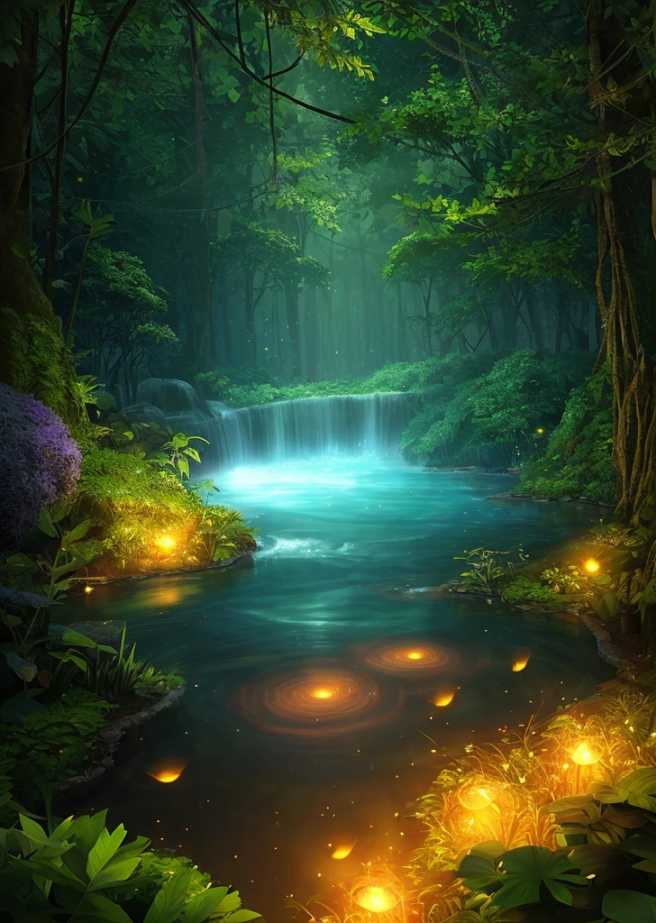 Masterpiece, best quality, (very detailed CG unity 8k wallpaper), (best quality), (best illustration), (best shadows), glow sprite, with a glowing deer, in a pool Drinking water, natural elements in the forest theme. Mysterious forest, beautiful forest, nature, surrounded by flowers, delicate leaves and branches surrounded by fireflies (natural elements), (jungle theme), (leaves), (twigs), (fireflies), (particle effects), etc. 3D, Octane rendering, ray tracing, ultra-detailed