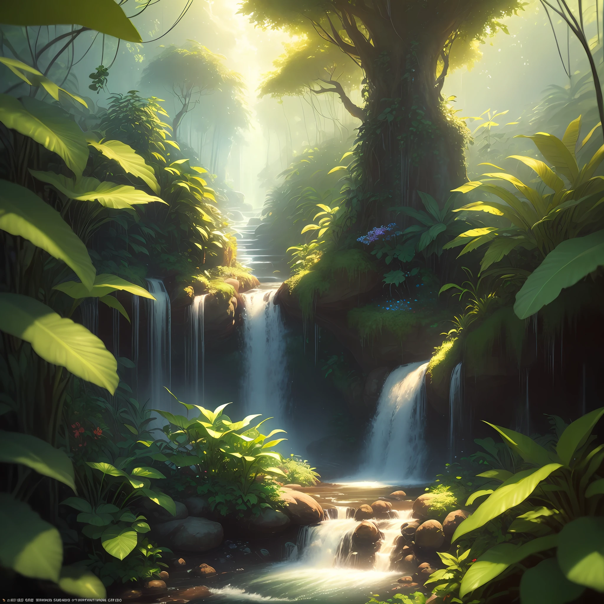 A jungle, sunny, colorful, vines, big trees, fruit trees, a stream with flowers on its edge, masterpiece, best quality, high quality, extremely detailed 8k CG wallpaper, oil painting, award-winning photography, Bokeh, Depth of Field, HDR, bloom, chromatic aberration, photorealistic, extremely detailed, trend in artstation, trend in CGsociety, intricate, high detail, dramatic, art in the middle of the journey,  volumetric lighting. Image size: 960 x 536