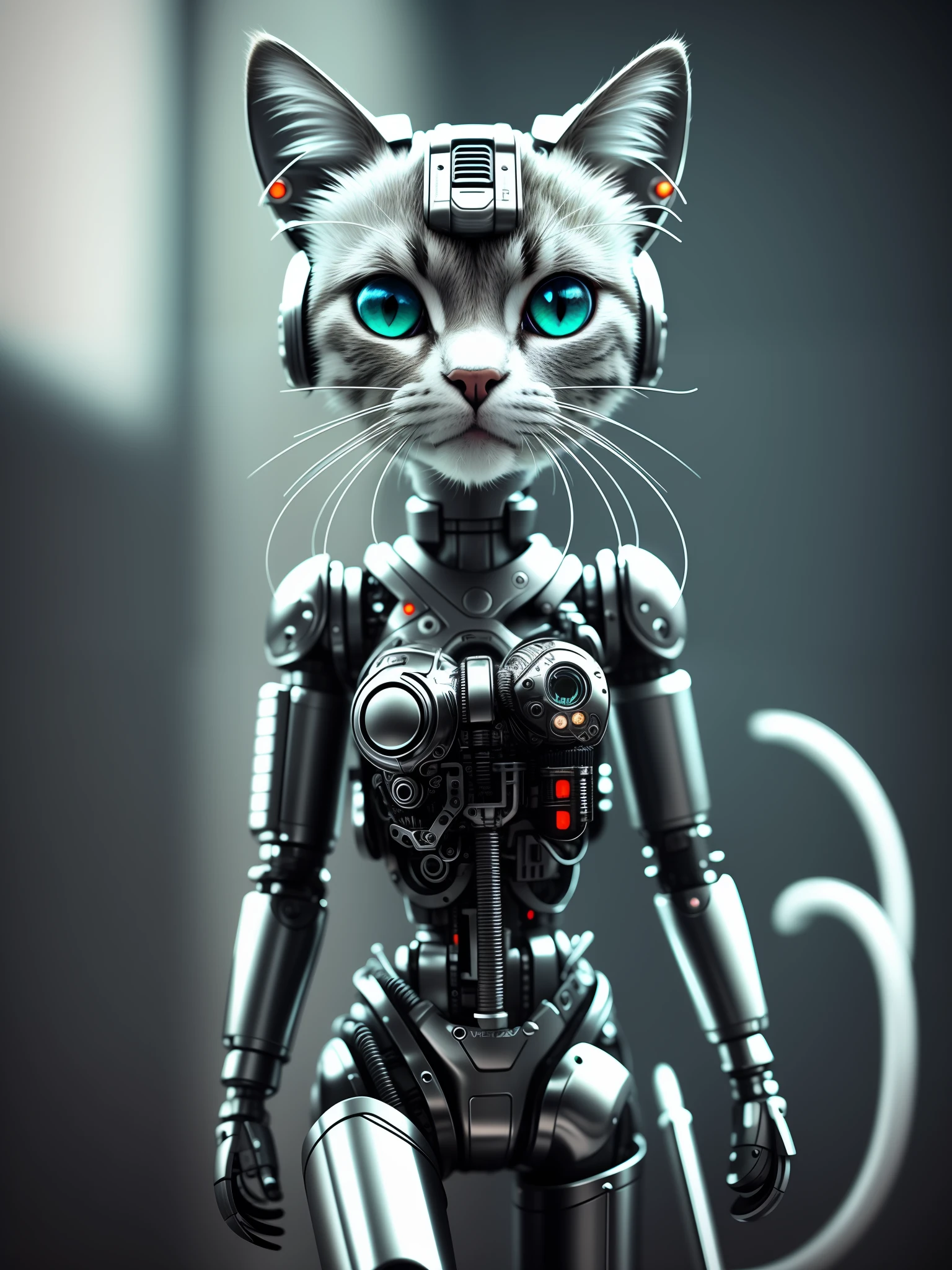 cute kitten made of metal, (cyborg:1.1), ([tail | detail wire]:1.3), (complex details), hdr, (complex details, hyperdetail:1.2), cinematic frame, vignette, center