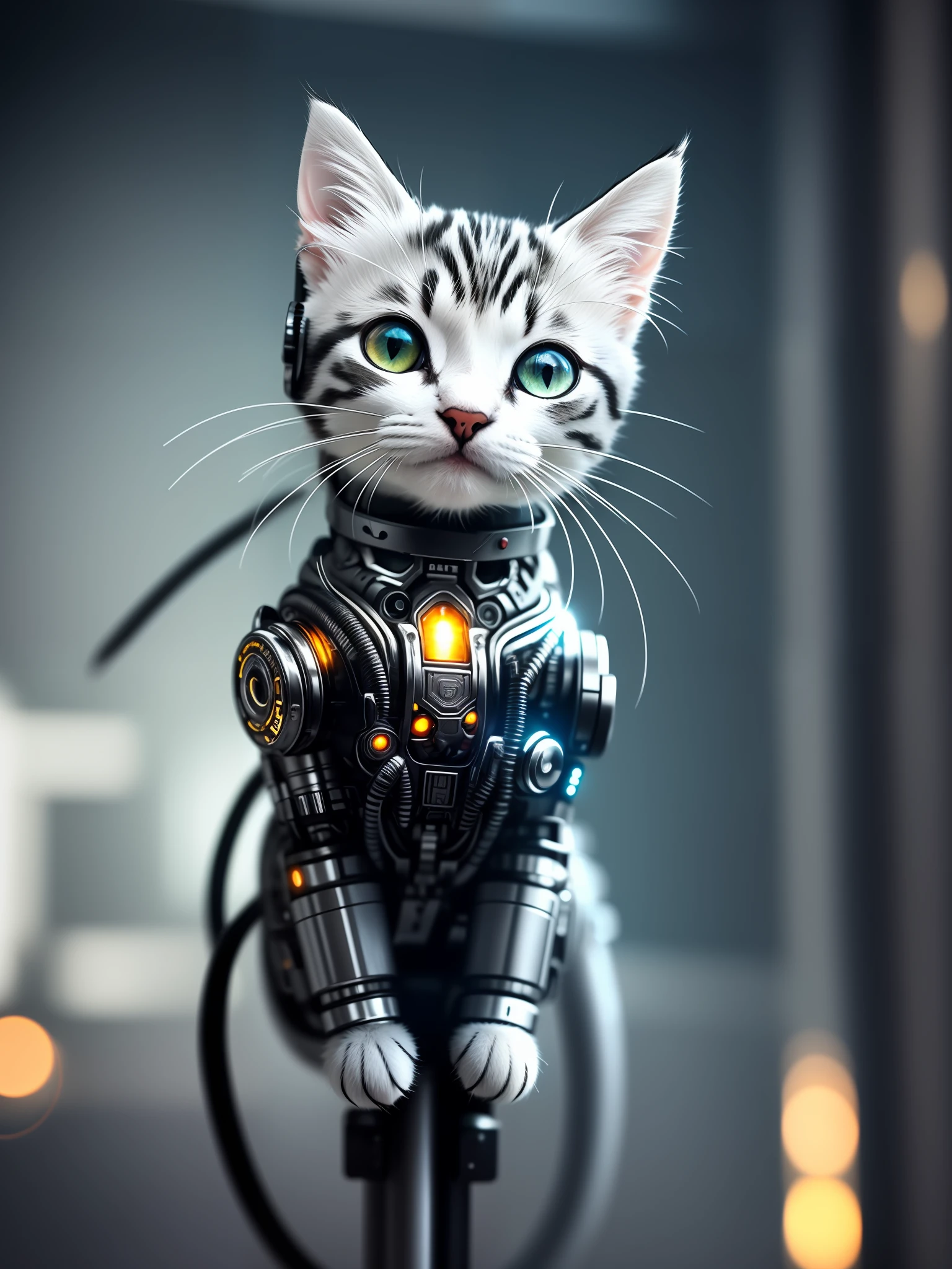 cute kitten made of metal, (cyborg:1.1), ([tail | detail wire]:1.3), (complex details), hdr, (complex details, hyperdetail:1.2), cinematic frame, vignette, center