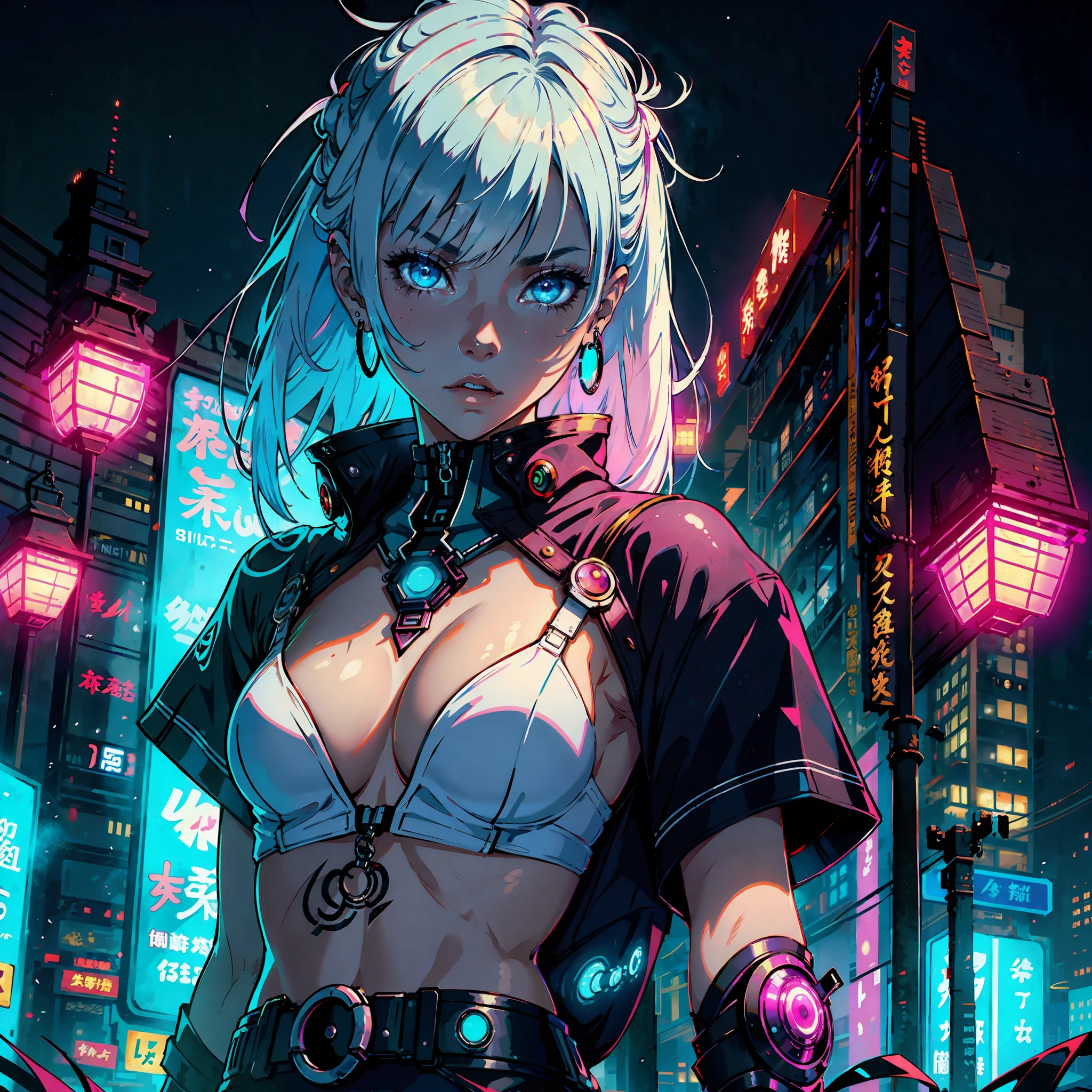 1girl, solo, one girl , tattoo, futuristic outfit, neon samurai, very beautiful cyberpunk samurai, cyberpunk samurai, style of ghost blade, victo ngai cyberpunk style, neon cyberpunk style, cyberpunc, neon cyberpunk, technomancer, video game character, synthwave image, cyberpunk voodoo, neon glow concept art,moon, lantern, night, solo, outdoors, sky, full moon, rain, mountain, cloud, paper lantern, night sky, bangs, tree, reflection, cloudy sky,  {{(masterpiece),(extremely detailed CG unity 8k wallpaper),best quality,solo,cinematic lighting,detailed background,beautiful detailed eyes,bright pupils, (an extremely delicate and beautiful),(Beautiful and detailed eye description),ultra-detailed,masterpiece,}},  detailed eyes, beautiful eyes, realistic eyes, nice eyes, perfect eyes