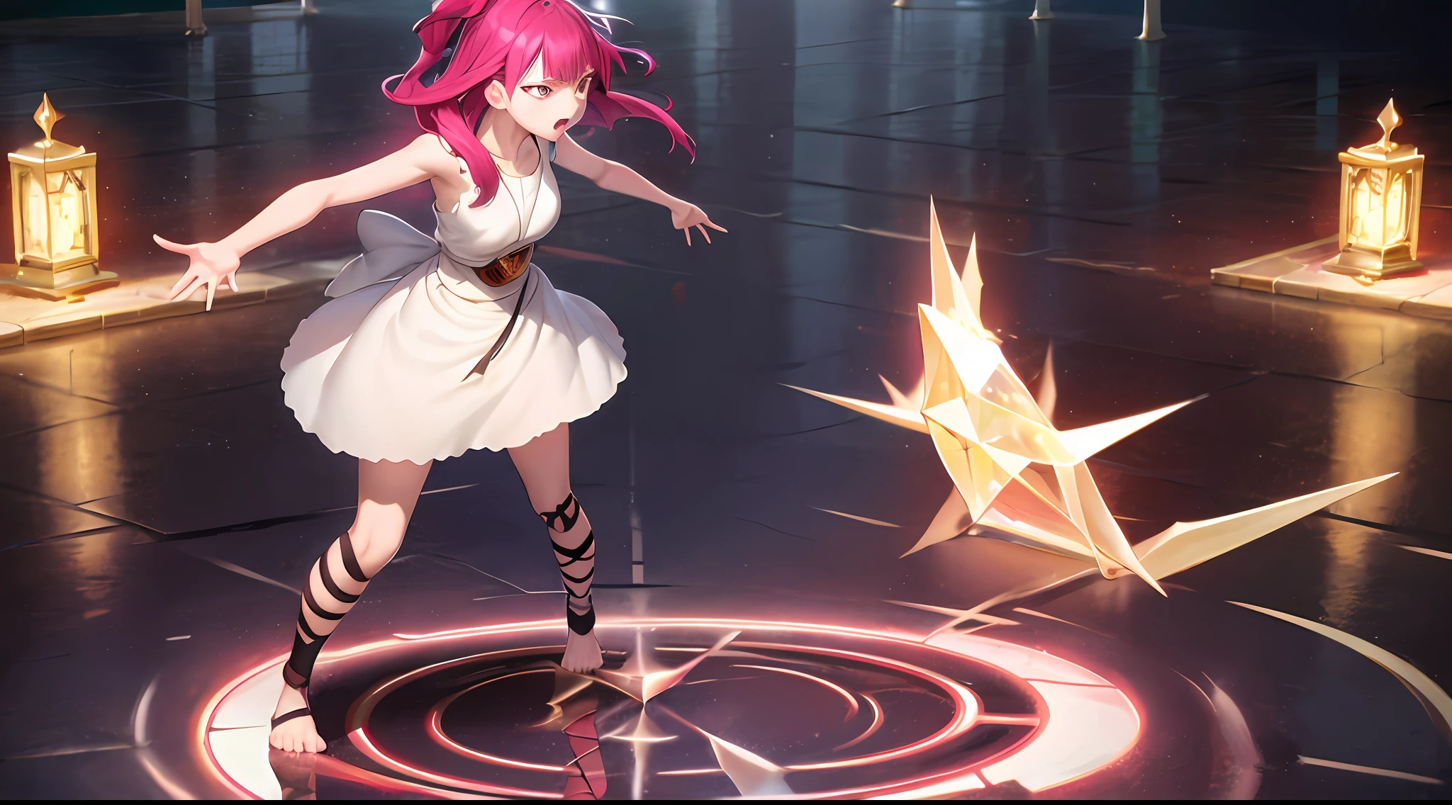 morgiana, (red eyes), morgiana, ankle lace-up, barefoot, dress, red hair, one side up, nice hands, perfect hands, fight, solo, crystal palace, bright background, depth of field, crystal, floor with reflection, HD.