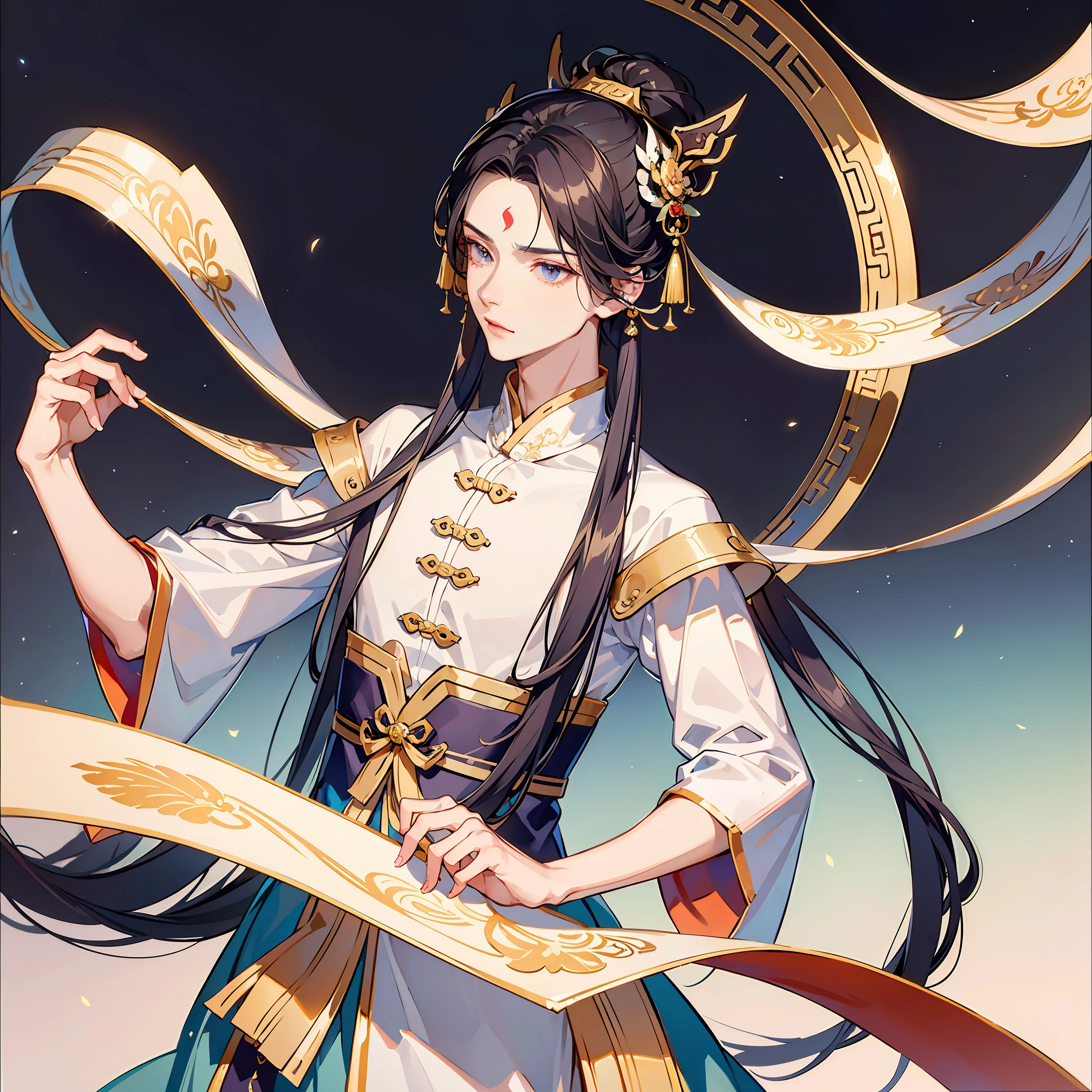 ((dashing)), a man dressed in ancient Chinese costume, ((dressed elegantly and exudes an ethereal charm)), tall and slender build, ((handsome facial features)), picturesque brows and eyes, long flowing hair, often covered with a black headband, agile and graceful movements, slim figure, and bright piercing eyes.