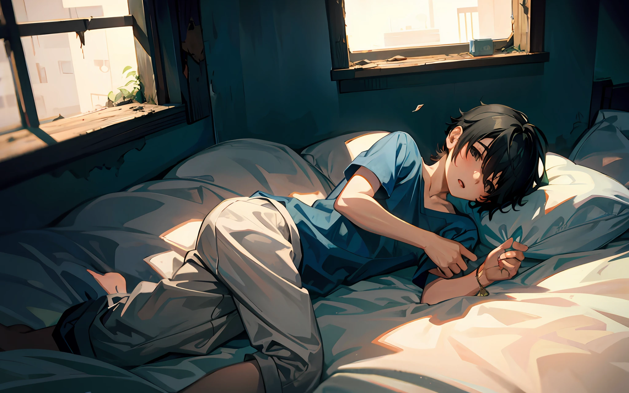 A boy, in a dilapidated house, gets out of bed, 4K, anime style