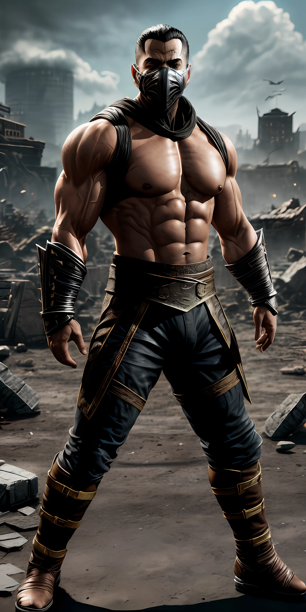 mortal kombat character concept (( super strong )), masterpiece, best quality, ultra-detailed, ground, destroyed city background, shadows, contrast, clear sky, analog style (look at viewer:1.2) (skin texture) (film grain:1.3), ultra-high resolution, octane render, 16k