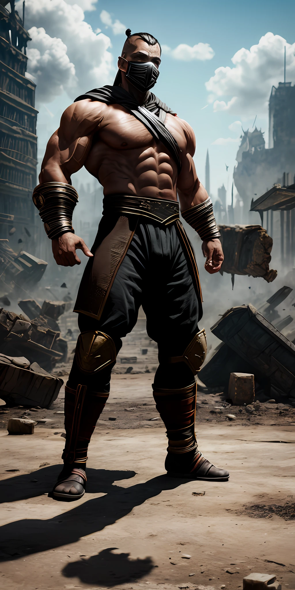 mortal kombat character concept (( super strong )), masterpiece, best quality, ultra-detailed, ground, destroyed city background, shadows, contrast, clear sky, analog style (look at viewer:1.2) (skin texture) (film grain:1.3), ultra-high resolution, octane render, 16k
