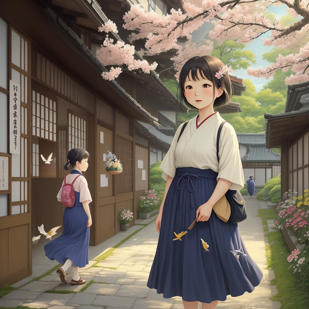 There is a painting of flowers and birds flying by, Yoshida Higashi, inspired by Eisai Ohara, inspired by Hiromori Ohara, Higashihaku Hasegawa, Tanibuncho, and Ukio-e