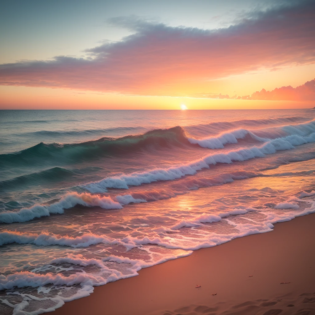 An absolutely mesmerizing sunset over the beach, with a mixture of orange, pink and yellow filling the sky. The crystal clear waters of the sea gently touching the coast, white sand coast, with palm trees stretching everywhere, seagulls to the sky, The scene is dynamic and breathtaking. Soak up the soothing atmosphere and let the tranquility and all this abundance take care of you.