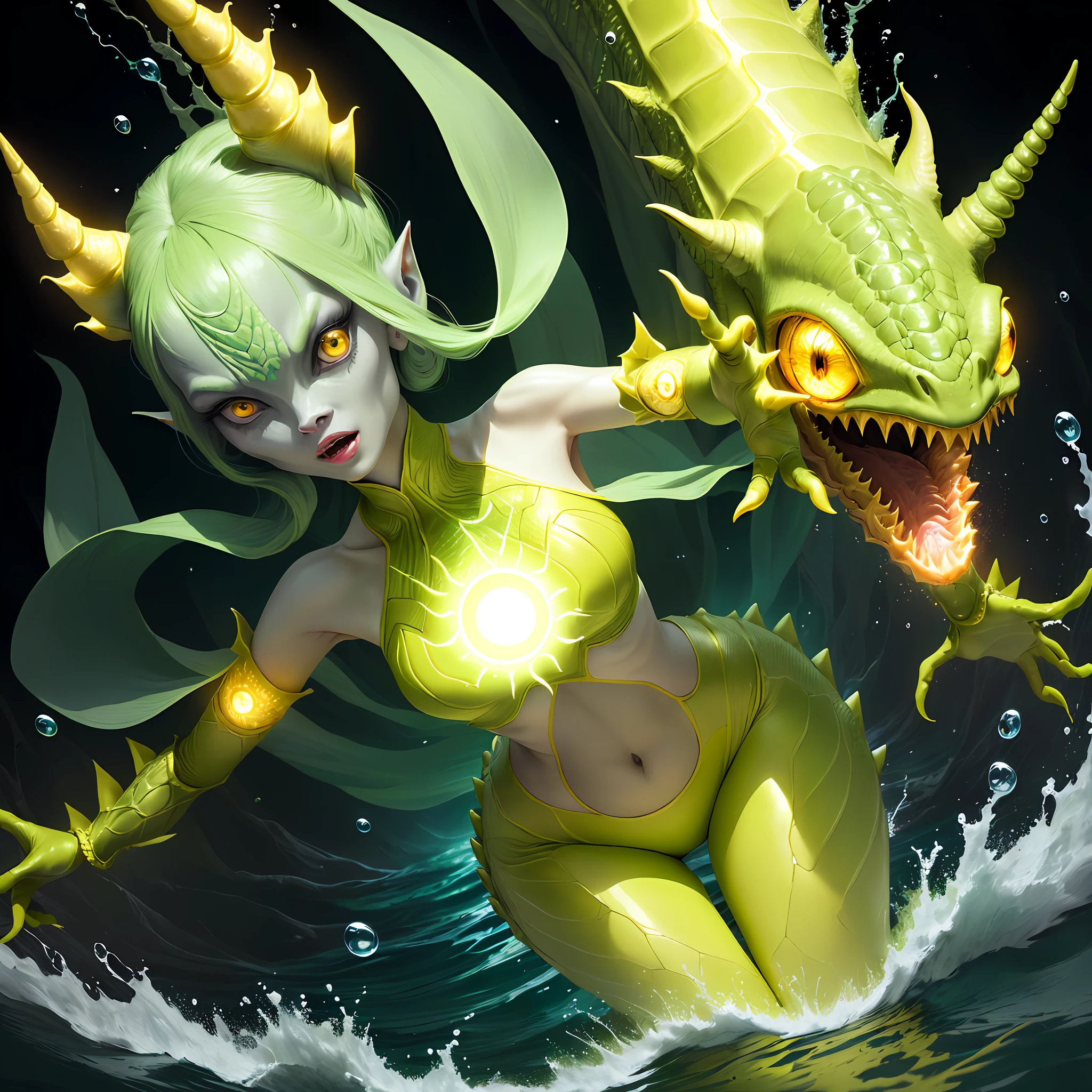 Female alien in crocodile skin, anthropomorphic avatar, large eyes, unicorn, no ears, pointed mouth, slender fingers, eyes flashing with yellow light, three hands, looks fierce, the background is a wide surface of water, flashing, glowing plants