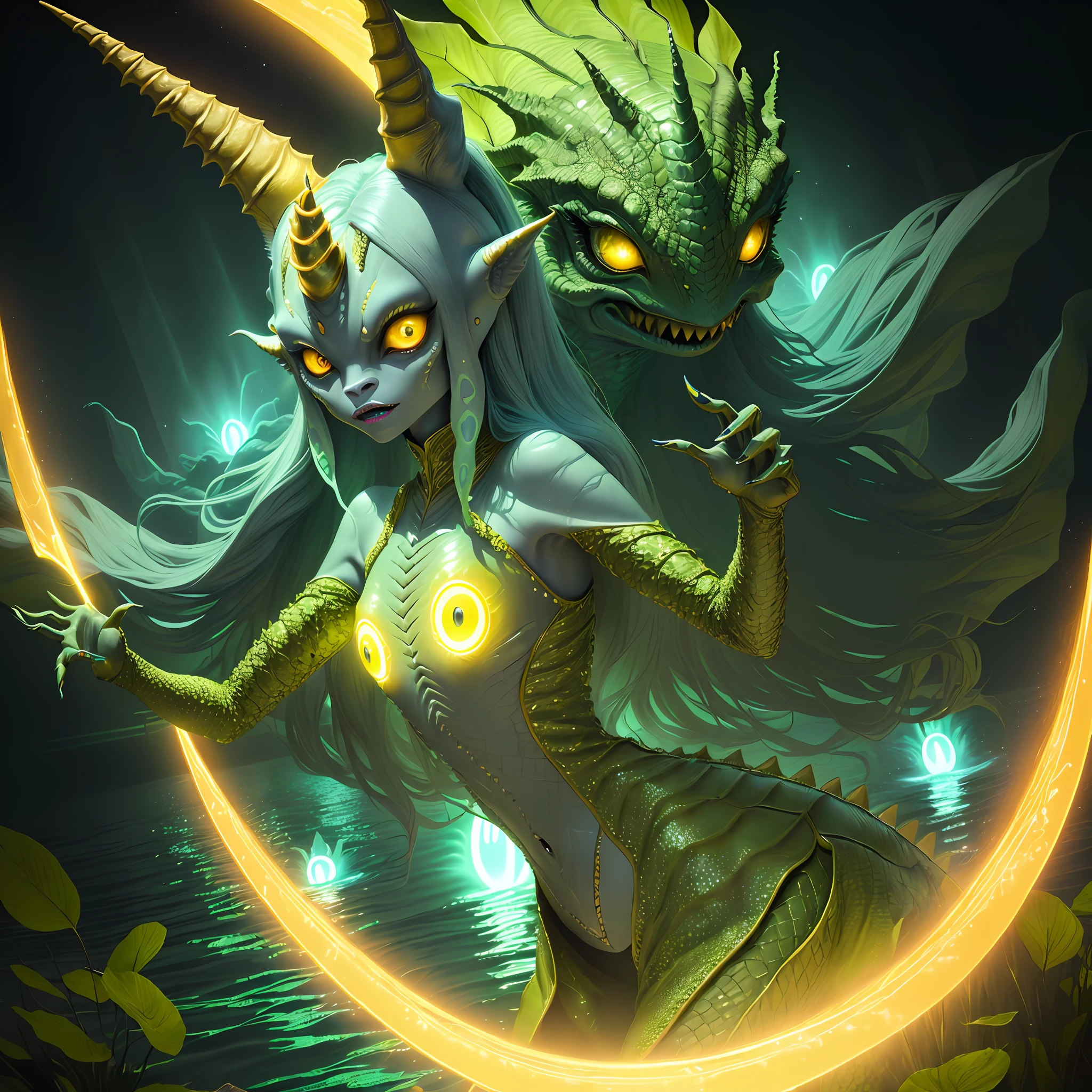 Female alien in crocodile skin, anthropomorphic avatar, large eyes, unicorn, no ears, pointed mouth, slender fingers, eyes flashing with yellow light, three hands, looks fierce, the background is a wide surface of water, flashing, glowing plants