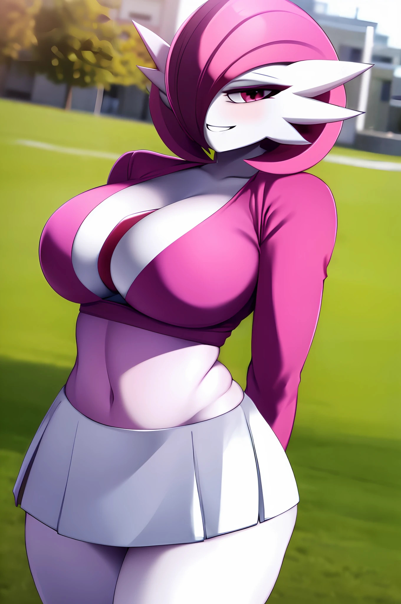 (Gardevoir), beautiful,masterpiece, (smirk:1.3),huge breasts,smile,best quality, school cheerleader uniform top, school cheerleader uniform skirt, outdoors,sunny,(1girl:1.3), wide hips