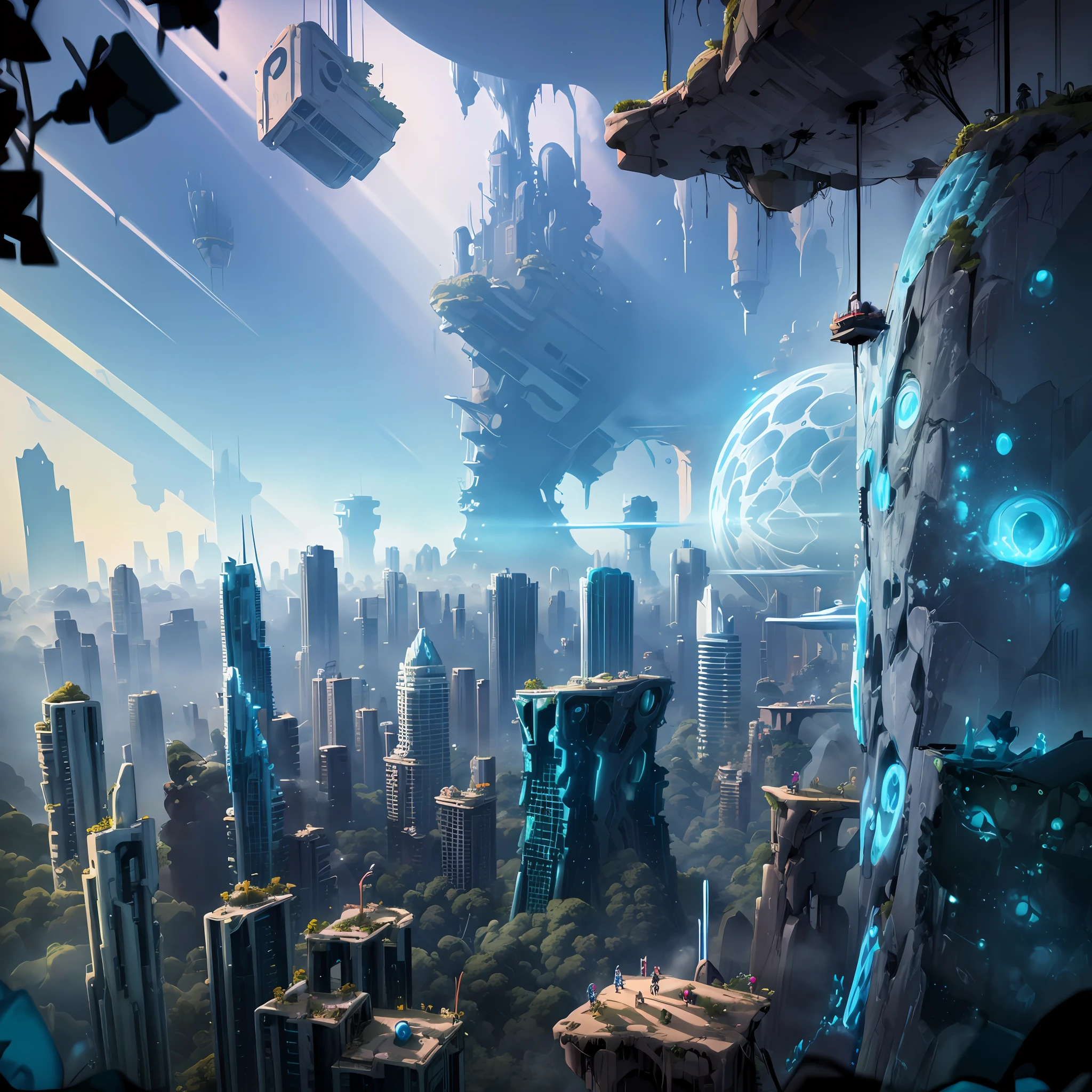 Disney Tarzan's back, looking down on the futuristic city, civilians, ruins, high-rise buildings, blue sky, (A robot wearing a three-dimensional mobile device 1.2) (Inspired by Attack on Titan 1.2), Futurism, Luminism, ray tracing, close up, canon, minimalism, gothic art, Ultra HD, masterpiece, high detail, high quality, high resolution, best quality -- v 6