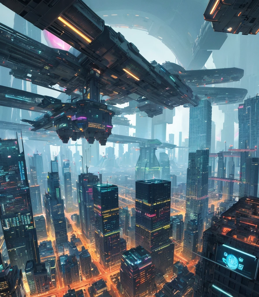 Future cityscapes, ((Cyborg)), (irregular architecture), machinery, (cyberpunk), (hovering trains), drones, realistic lighting, (abyss) masterpieces, high quality, beautiful graphics, high detail, (futuristic city), (intelligent), (humanized), (digital), (diverse) city, (looming flying saucers and spaceships in the sky)), vision (wide-angle lens), ultra-high resolution (realism: 1.4), ultra-high quality, extremely detailed CG Unity 8k wallpapers, aesthetics, award-winning photography, realism, high detail, detail enhancement, blur removal, intricacies, travel art. Visually stunning. Beautiful Future City, Beautiful City, Chinese Dream Land, Pexels, Blue Hour Photography, Chinese Dreamland, Spectacular Clouds, Fantasy Clouds, The title should be eye-catching, in bold, stylized font, and the tagline is "Future City".