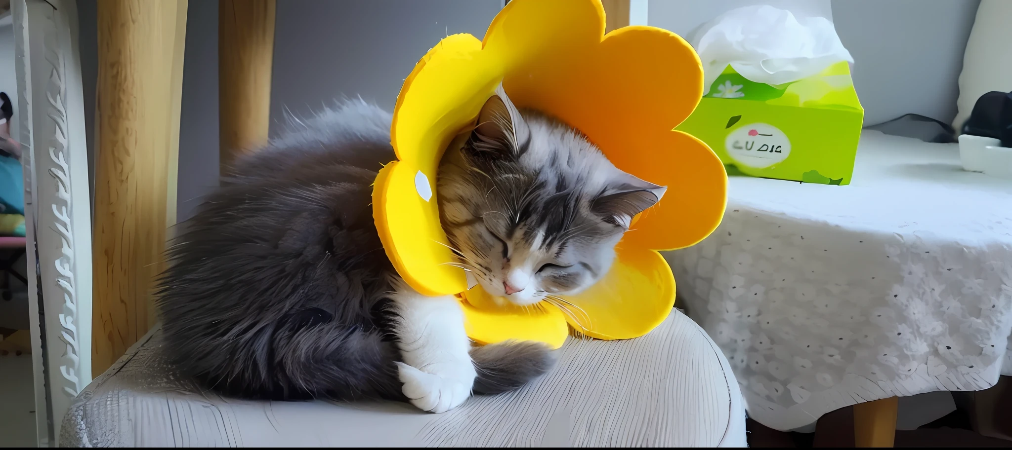 there is a cat that is laying down on a chair, smol fluffy cat wearing smol hat, it's wearing a cute little hat, flower child, cute cat in a sunflower field, wearing a cute hat, cat with a hat, cute furry needs your help, flower head, covered in flowers, paws on head, giant daisy flower as head, r/aww