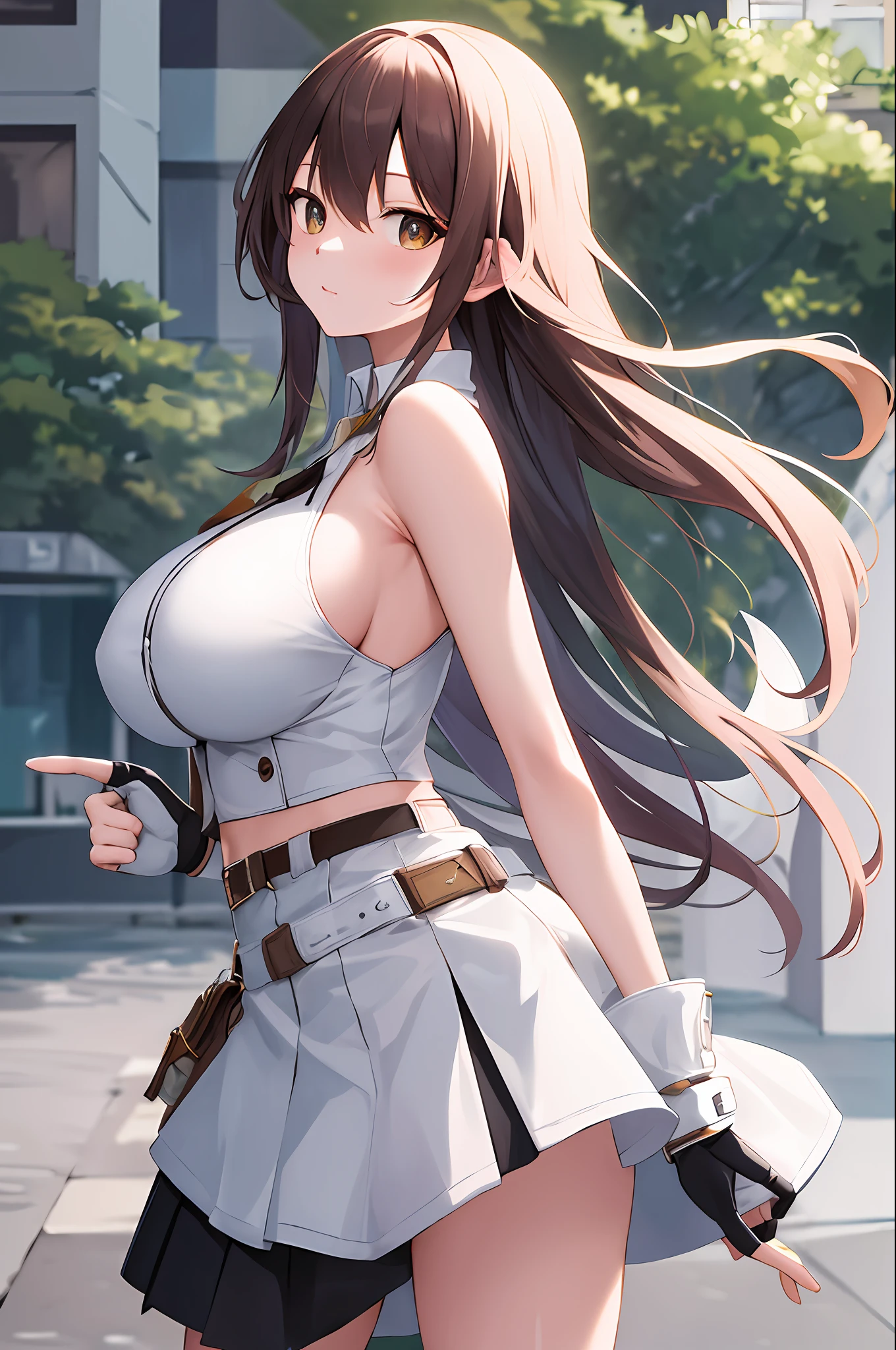 masterpiece, best quality, highres, ta1, white jacket, sleeveless, skirt, fingerless gloves, large breasts, cowboy shot, standing, outdoors
