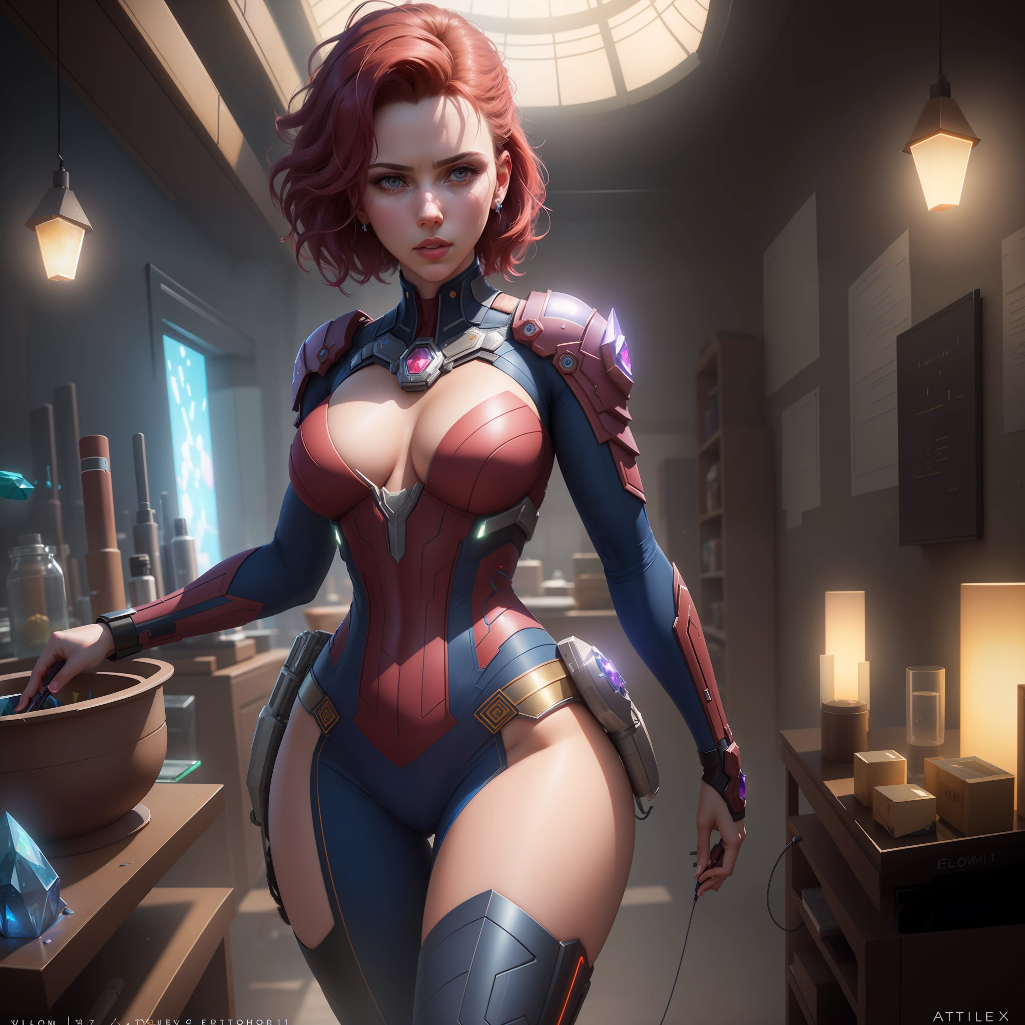 Very detailed RAW color photo, Scarlett Johansson, dynamic pose, (wide hips), (detailed skin), (detailed lips), (detailed eyes), (crystal: 1.4), (needle: 1.1), (science fiction scenario) (detailed face), (with curves), detailed eyes, chromatic aberration, depth of field, soft lighting, masterpiece, best quality, intricate, (lens flare: 0.7), (bloom: 0.7), particle effects, ray tracing, tone map, highly detailed, concept art, smooth and sharp focus, dramatic lighting, highly detailed art, cinematic, hyper-realistic painting, trends in Artstation, 8K, incredible shadows, realistic (very detailed background: 1.2), midjourney art