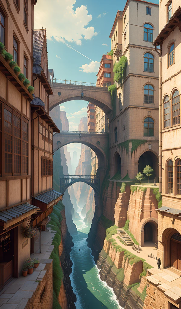 ((masterpiece)),((best quality)),((high detial)),((realistic,))
Industrial age city, deep canyons in the middle, architectural streets, bazaars, Bridges, rainy days, steampunk, European architecture