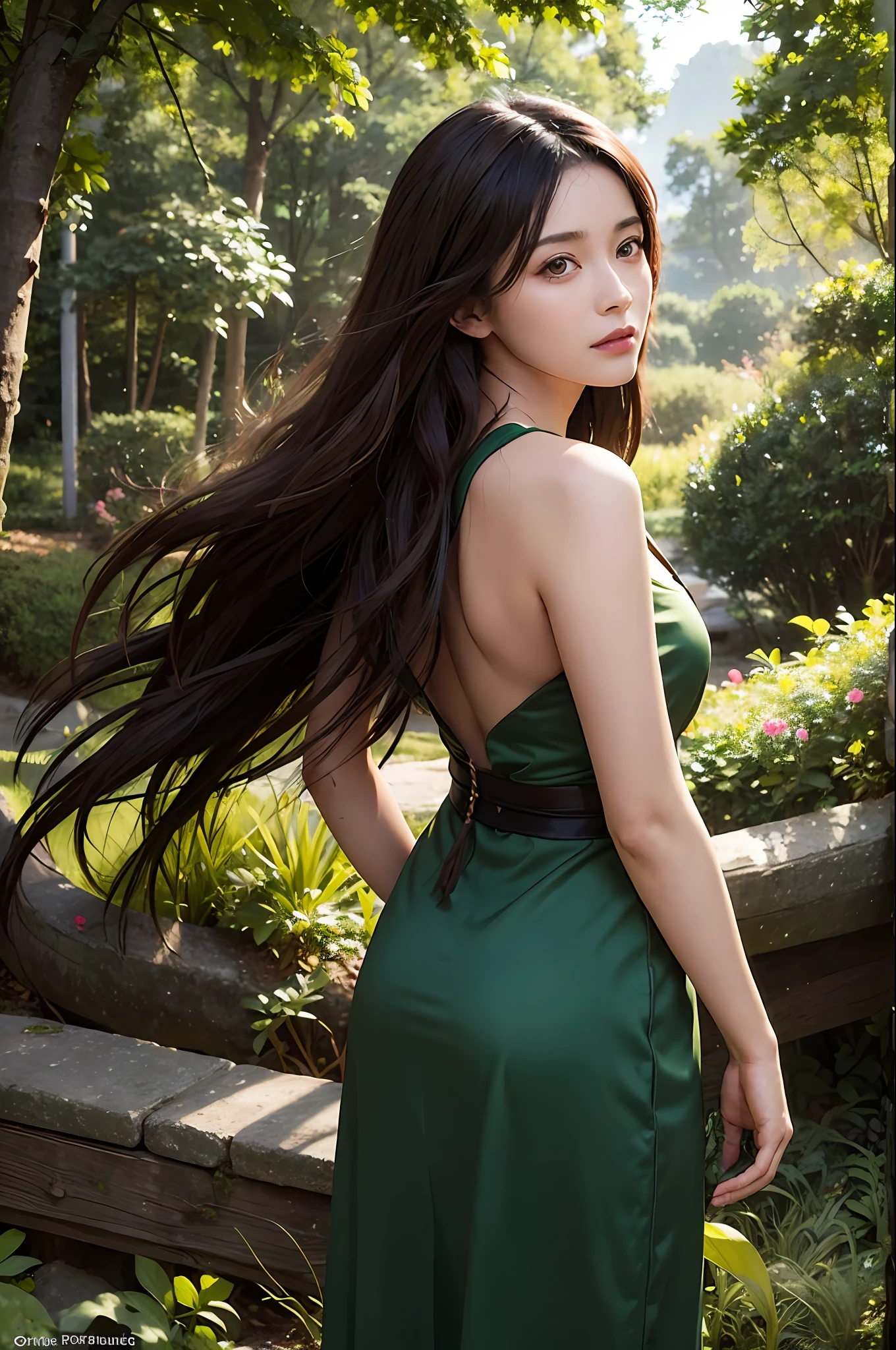 "Portrait of Oriental female Druid in D&D RPG style, pathfinder rpg, with long dark hair loose and wearing a long green dress. The image should be realistic quality at 4k or 8k and have perfectly depicted backlighting."):0. 8, Forest background