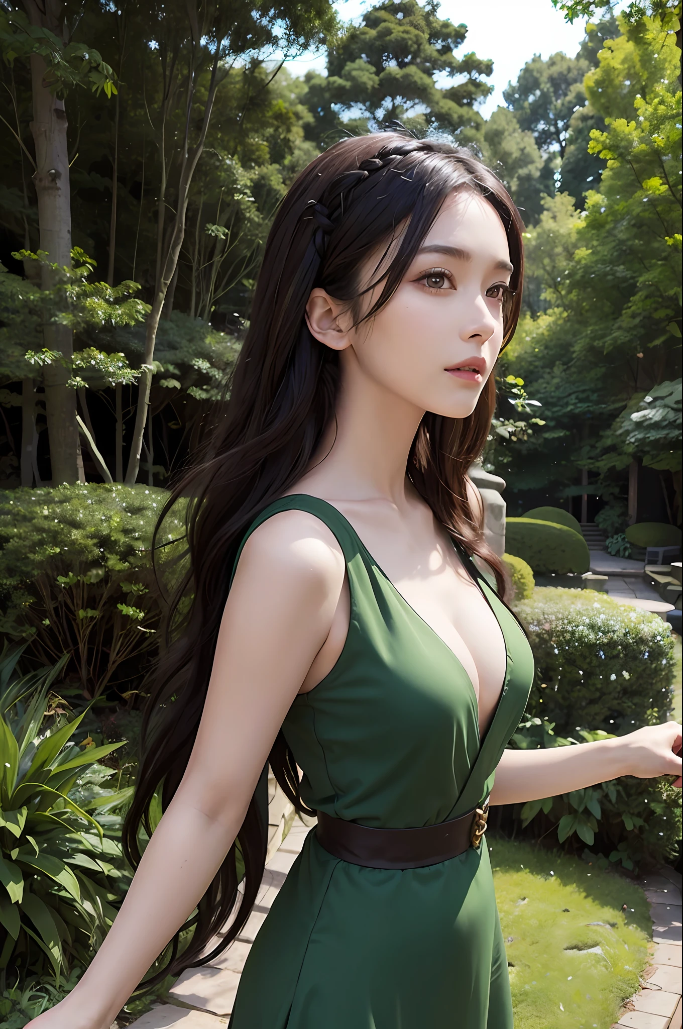 "Portrait of Oriental female Druid in D&D RPG style, pathfinder rpg, with long dark hair loose and wearing a long green dress. The image should be realistic quality at 4k or 8k and have perfectly depicted backlighting."):0. 8, Forest background
