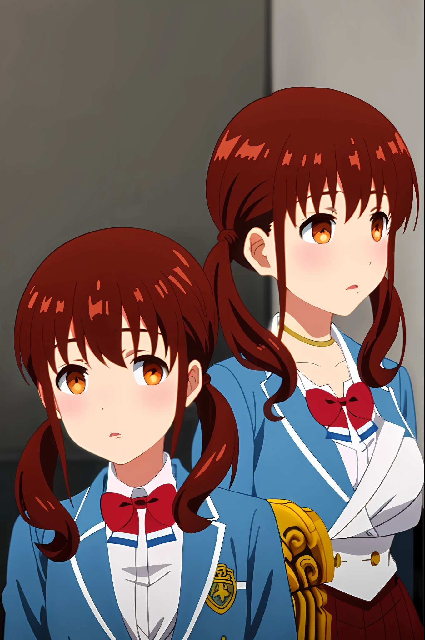 masterpiece, best quality, anime art style, taeko, wavy auburn hair, twin-tails, brown eyes, ((largue breasts)), school uniform, full body