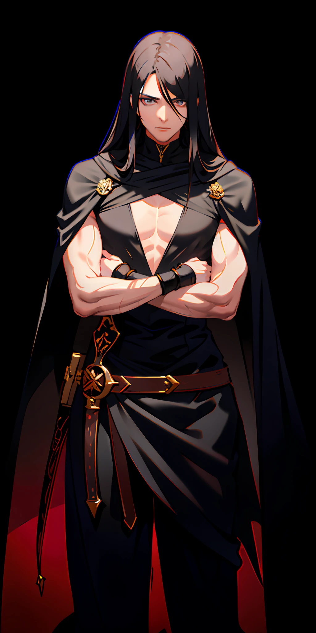 1boy, long black hair, delicate, muscles, dagger in left hand, assassin costume, tanned skin, dark cape