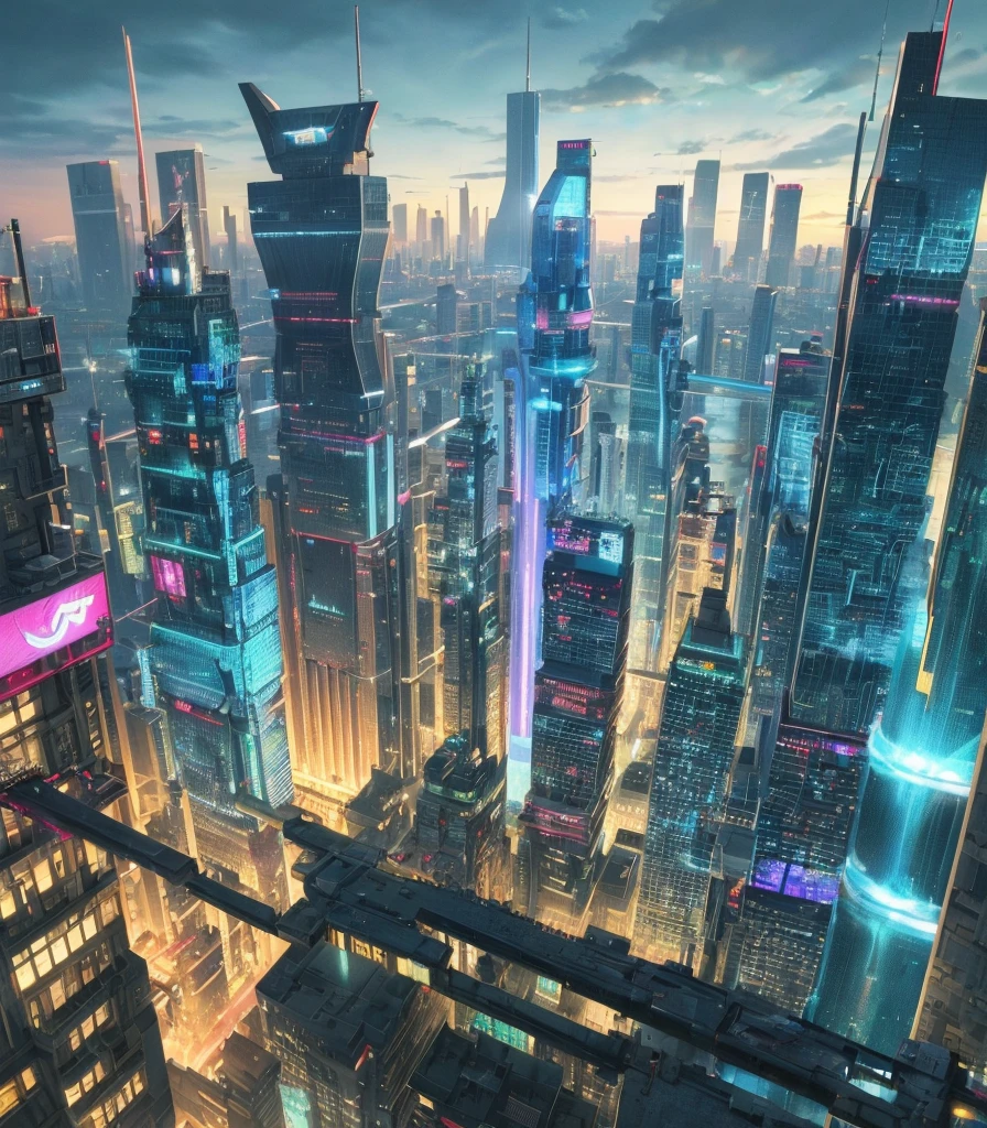 Future cityscapes, ((Cyborg)), (irregular architecture), machinery, (cyberpunk), (hovering trains), drones, realistic lighting, (abyss) masterpieces, high quality, beautiful graphics, high detail, (futuristic city), (intelligent), (humanized), (digital), (diverse) city, (looming flying saucers and spaceships in the sky)), vision (wide-angle lens), ultra-high resolution (realism: 1.4), ultra-high quality, extremely detailed CG Unity 8k wallpapers, aesthetics, award-winning photography, realism, high detail, detail enhancement, blur removal, intricacies, travel art. Visually stunning. Beautiful futuristic city, beautiful city, Chinese dream land, pexels, blue hour photography, Chinese dreamland, spectacular clouds, fantasy clouds. The title should be eye-catching, in bold, stylized font, and the tagline reads "City of the Future."