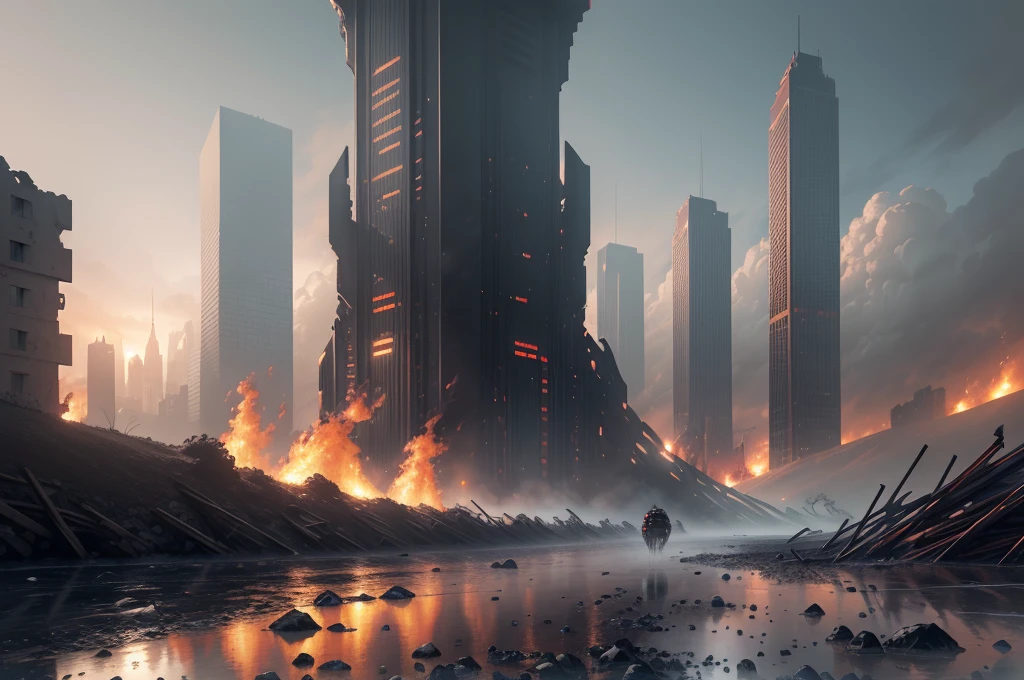 (extremely detailed CG unity 8k wallpaper), (masterpiece), (best quality:1.2), (highres), (illustration:1.1), (cinematic light:1.1), finely detailed, intricate details, (best illustration), 8k resolution, intricate details, best quality, realistic, ultra-detailed, best illumination, best shadow, ultra-HD, cryengine, ultra hd, (detailed reflection), detailed shadows, (((intricate details))), smooth, ((perfect shading)), high quality metal texture, metallic luster, highly detailed illustration, (semi realistic:1.6), (wide_shot:1.2), a futuristic city , fire explosion in distance, smoke rising over skyscrapers after nuclear explosion at , wet road, puddle, (((ghost recon inspired))), street view, dynamic camera angle, (warzone), (((high quality detailed ruins))), (depth of field), ((cinematic lighting)), ((horror)), ((dark fantasy)), lovecraftian, spot color, monotone, red, splashing blood, (best illumination), (hyper intricate details), ((ultra-detailed)), 4k unity, (extremely detailed CG:1.2), (8k:1.1), ((landscape view)), Artstation, ((by sui ishida, by Wenjun Lin, by stefan morrell)), dystopian art, apocalypse art, ((semi-realistic)), (realism), (dynamic), (nixeu_basic2:0.5),