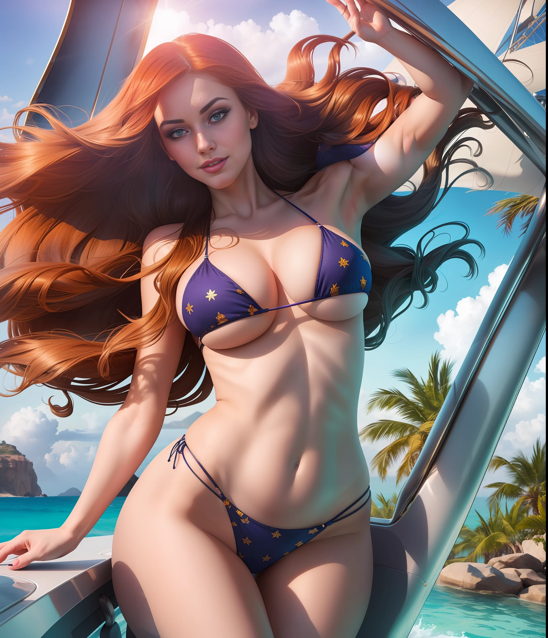 "An ultra-detailed and high-resolution depiction of Miss Fortune in a sexy bikini on a ship, with dynamic angles and lighting that highlights her beauty and sensuality. The scene features a wide shot of the ship on calm waters, with the sun casting a warm glow and gentle waves lapping at the sides. Miss Fortune is the focal point, with her long hair flowing in the breeze, her curves accentuated by the bikini, and a sultry expression on her face as she looks seductively at the viewer. The overall atmosphere is one of exoticism and adventure, with hints of danger and excitement. Best quality and best illumination, stable diffusion masterpiece for best viewing experience."