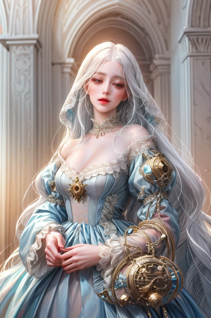 (absurdres, highres, ultra detailed), 1girl, solo, mature, (very long hair, white hair), Baroque, long dress, long sleeve, elegant, colorful, highest detailed, upper body