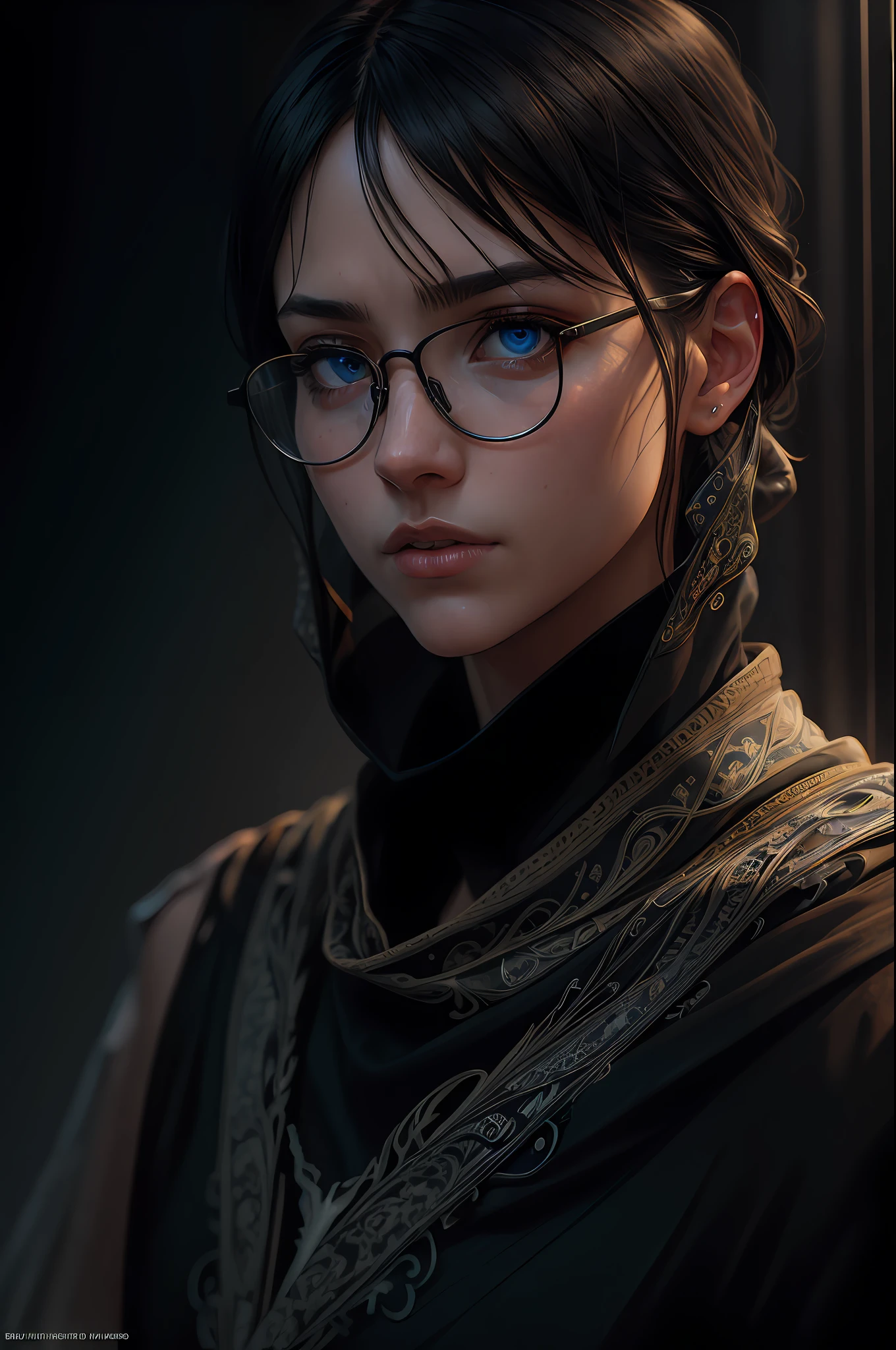 epic realistic, Manga style. Black and white with bright blue eyes. Clean lines. Neon genesis evangelion style. Boy. Glasses reflecting light., art by greg rutkowski and artgerm, soft cinematic light, adobe lightroom, photolab, hdr, intricate, highly detailed, (natural skin texture, soft light, sharp:1.2), (dark shot:1.22), neutral colors, (hdr:1.4), (muted colors:1.4), (intricate), (artstation:1.2), dramatic, intricate details, (technicolor:0.9), (rutkowski:0.8), detailed, (intricate details:1.12), hdr, (intricate details, hyperdetailed:1.15), Shawl black hair, (depth of field:1.4), hyperrealism, hyperdetailed, cinematic,