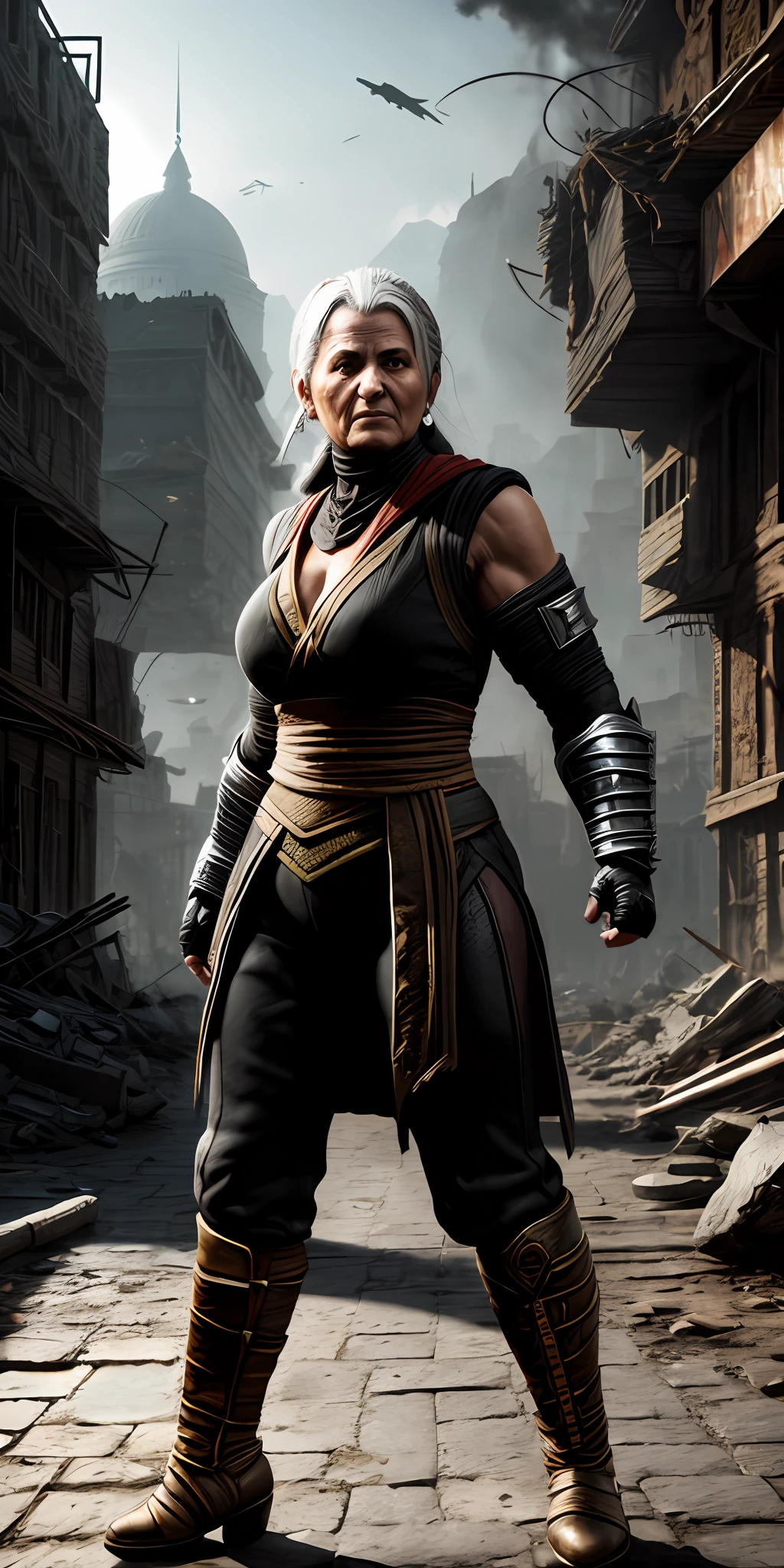 mortal kombat old woman character concept (( super strong )), masterpiece, best quality, ultra-detailed, ground, destroyed city background, shadows, contrast, clear sky, analog style (look at viewer:1.2) (skin texture) (film grain:1.3), ultra-high resolution, octane render, 16k