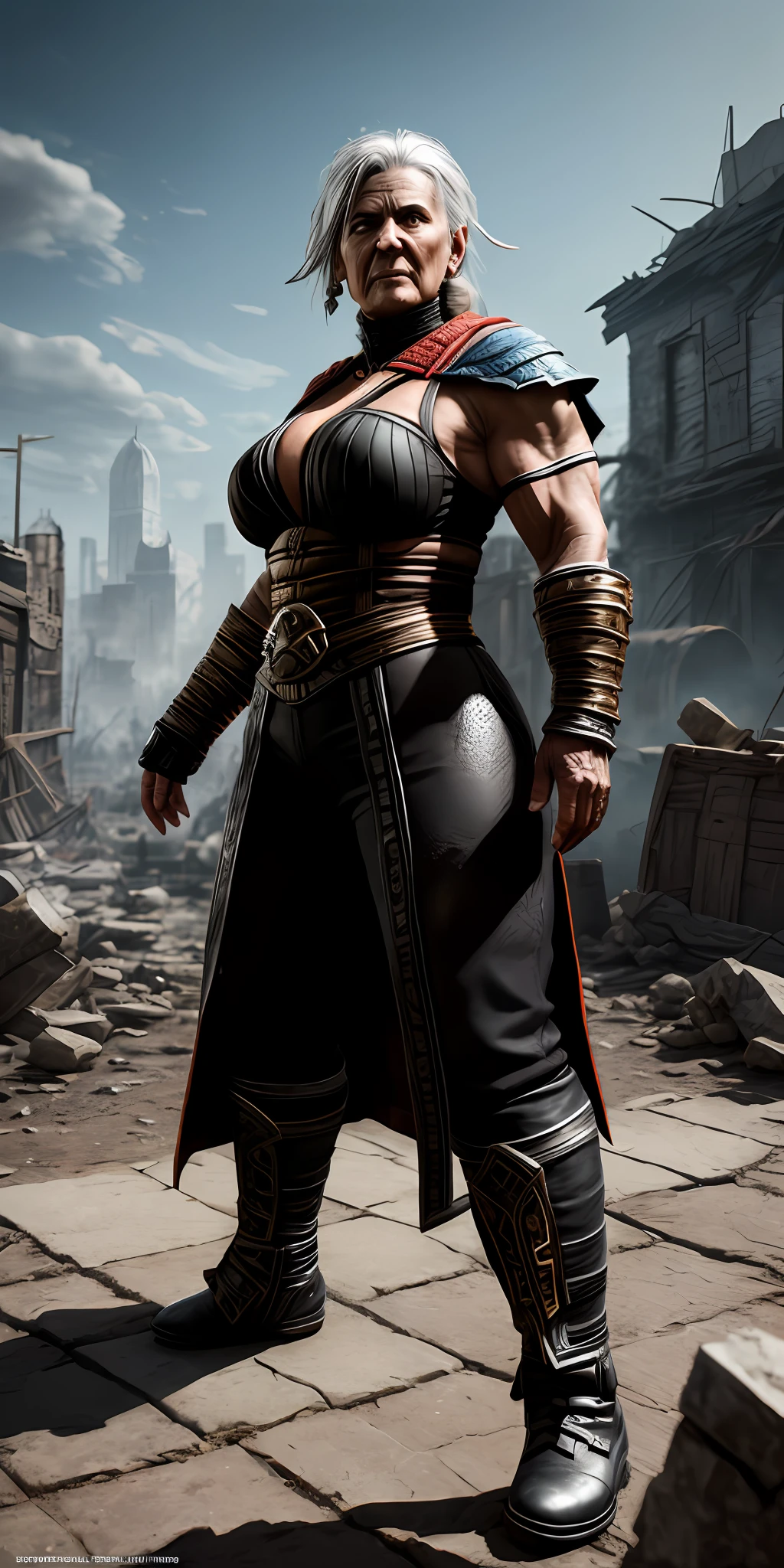 mortal kombat old woman character concept (( super strong )), masterpiece, best quality, ultra-detailed, ground, destroyed city background, shadows, contrast, clear sky, analog style (look at viewer:1.2) (skin texture) (film grain:1.3), ultra-high resolution, octane render, 16k