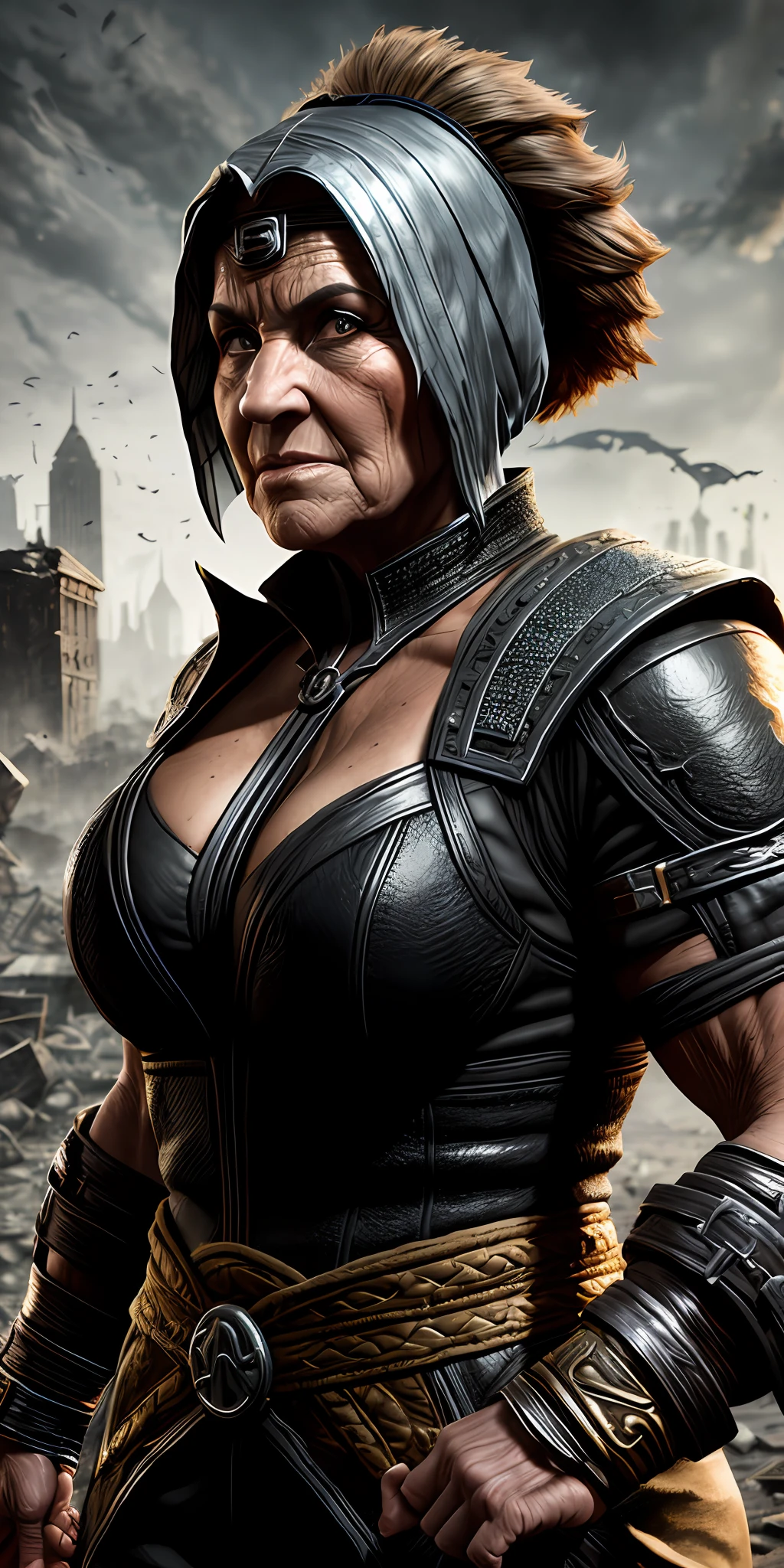 mortal kombat old woman character concept (( super strong )), masterpiece, best quality, ultra-detailed, ground, destroyed city background, shadows, contrast, clear sky, analog style (look at viewer:1.2) (skin texture) (film grain:1.3), ultra-high resolution, octane render, 16k