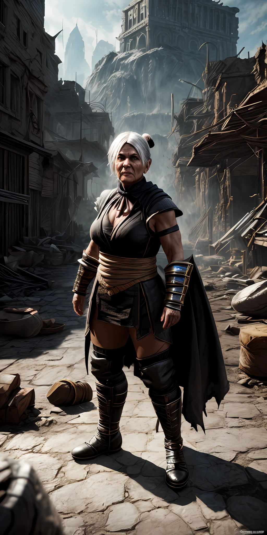 mortal kombat old woman character concept (( super strong )), masterpiece, best quality, ultra-detailed, ground, destroyed city background, shadows, contrast, clear sky, analog style (look at viewer:1.2) (skin texture) (film grain:1.3), ultra-high resolution, octane render, 16k