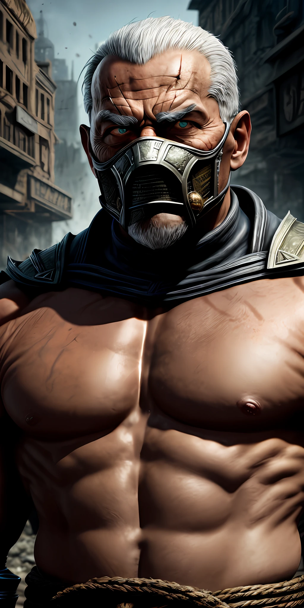 mortal kombat old man character concept (( super strong )), masterpiece, best quality, ultra-detailed, ground, destroyed city background, shadows, contrast, clear sky, analog style (look at viewer:1.2) (skin texture) (film grain:1.3), ultra-high resolution, octane render, 16k