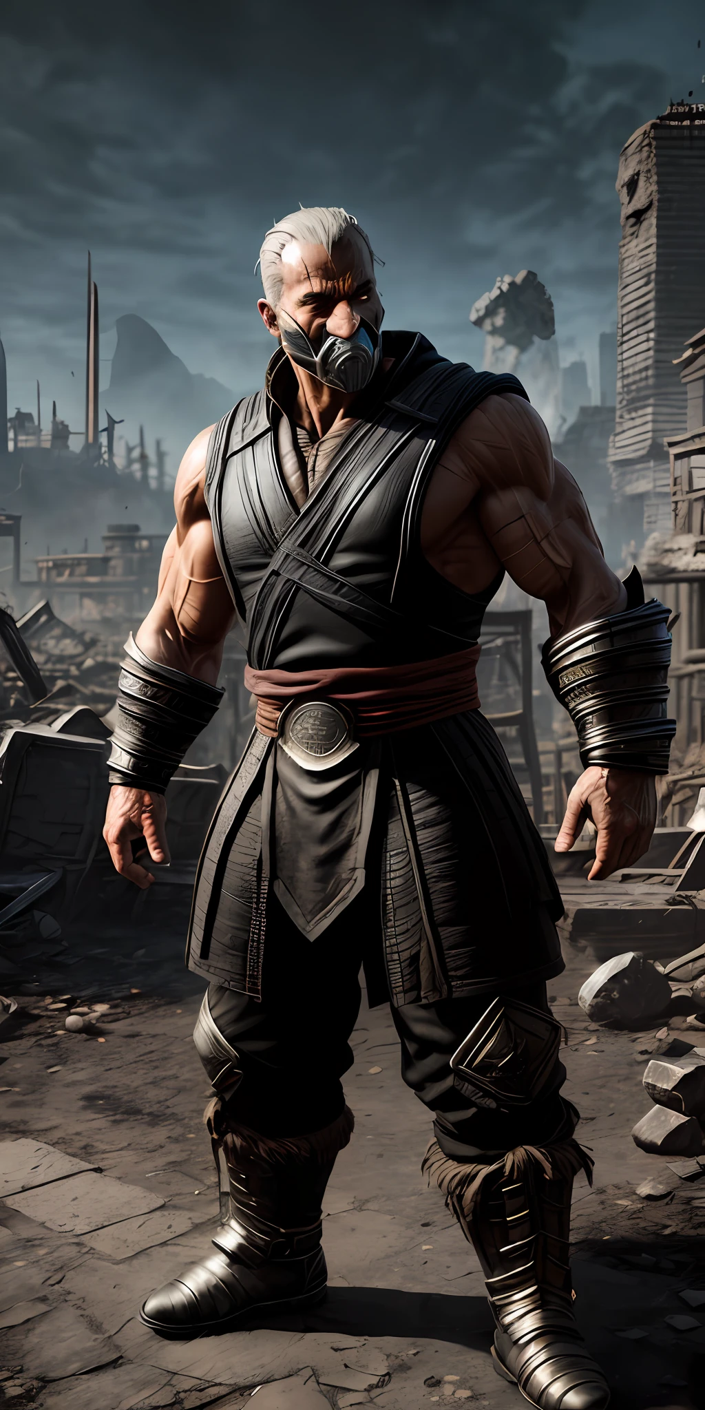 mortal kombat old man character concept (( super strong )), masterpiece, best quality, ultra-detailed, ground, destroyed city background, shadows, contrast, clear sky, analog style (look at viewer:1.2) (skin texture) (film grain:1.3), ultra-high resolution, octane render, 16k