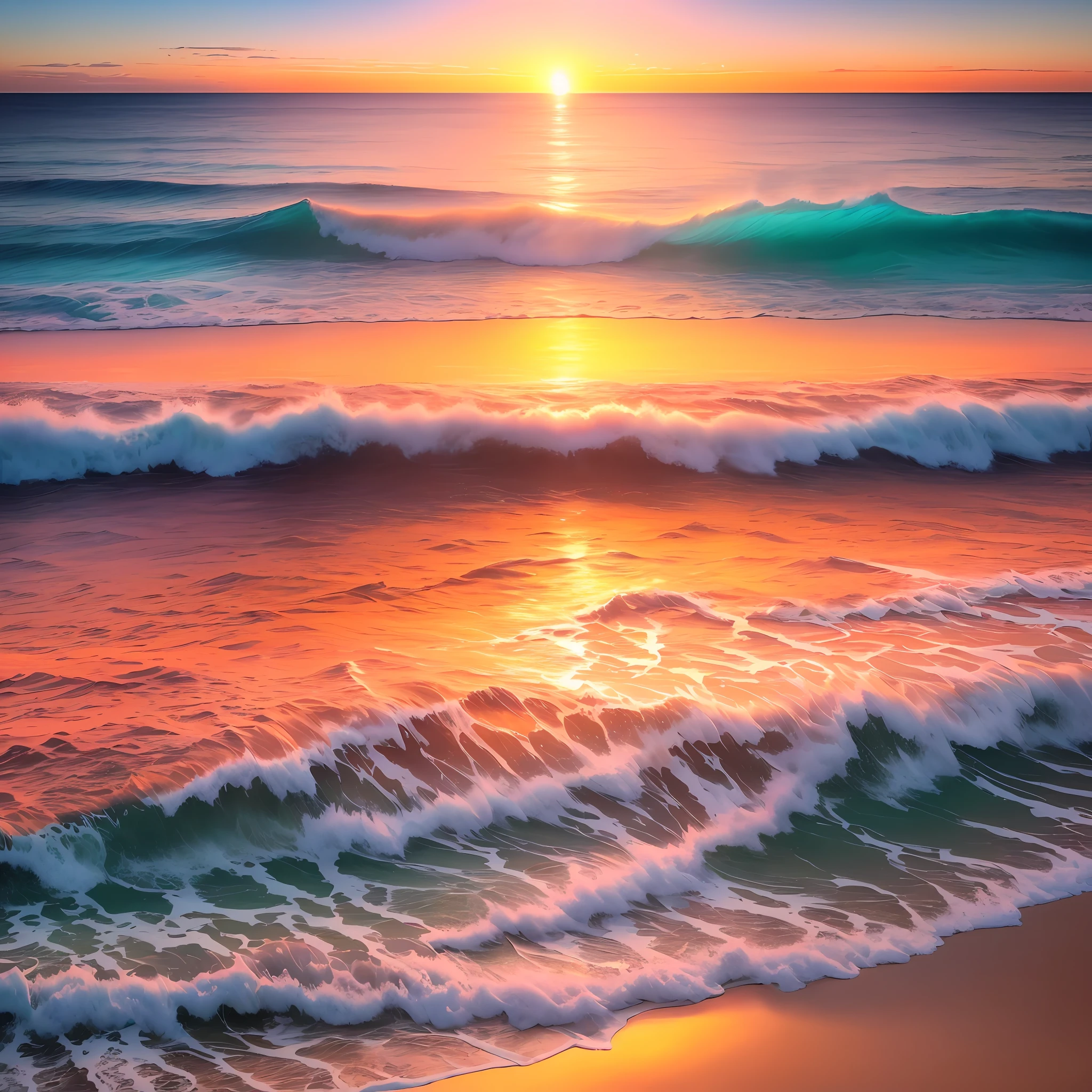An absolutely mesmerizing sunset over the beach, with a mix of orange, pink and yellow filling the blue sky. The crystal clear waters of the sea gently touching the coast, white sand coast, with palm trees stretching everywhere, seagulls to the sky, The scene is dynamic and breathtaking. Soak up the soothing atmosphere and let the tranquility and all this abundance take care of you.