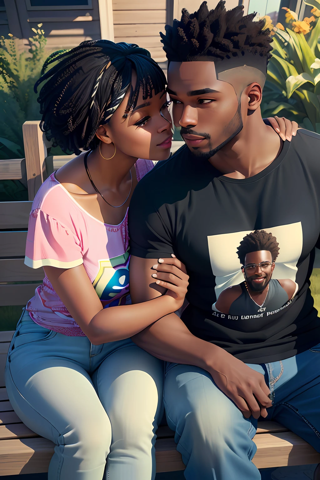 realistic portrait of cute man and woman embracing, african american ([dark skin color]), couple, ((kissing)), wearing patterned t-shirt and jeans, current fashion, kanekalon hair, one bench background close-up garden, product view, detailed facial details, perfect face, trend art, sharp facial details, cgsociety, ultra-quality digital art, hyper-exquisite details, 4k, 8k soft lighting, dreamy, fashion, rendering by unreal engine -
