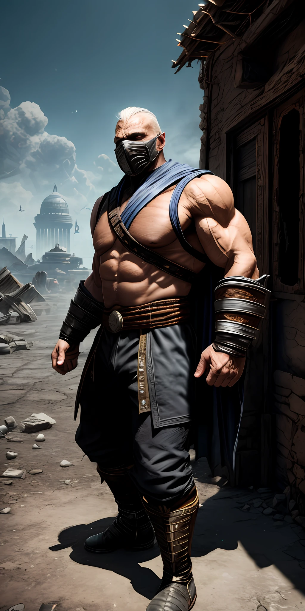 mortal kombat old man character concept (( super strong )), masterpiece, best quality, ultra-detailed, ground, destroyed city background, shadows, contrast, clear sky, analog style (look at viewer:1.2) (skin texture) (film grain:1.3), ultra-high resolution, octane render, 16k