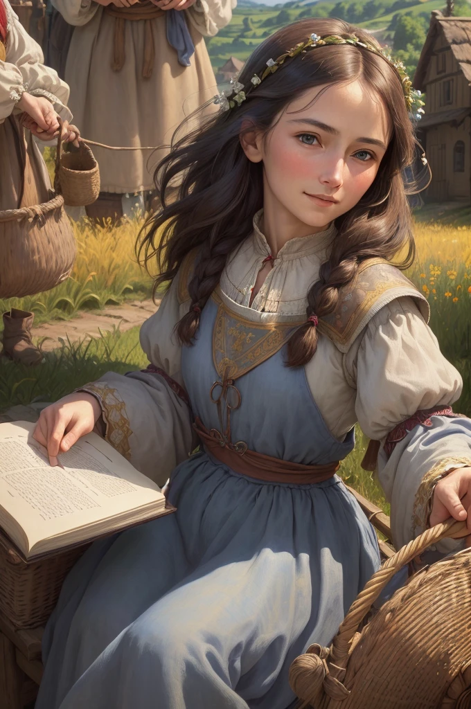 masterpiece, best quality, ((best quality)), ((masterpiece)), ((realistic)), (detailed), peasant woman with friends saw a balloon, book fantasy, village, villagers with , high skin detail, amazing gradient colors, no watermark, detailed background, outside, field, small smile, insanely detailed, , (((masterpiece)), HDR