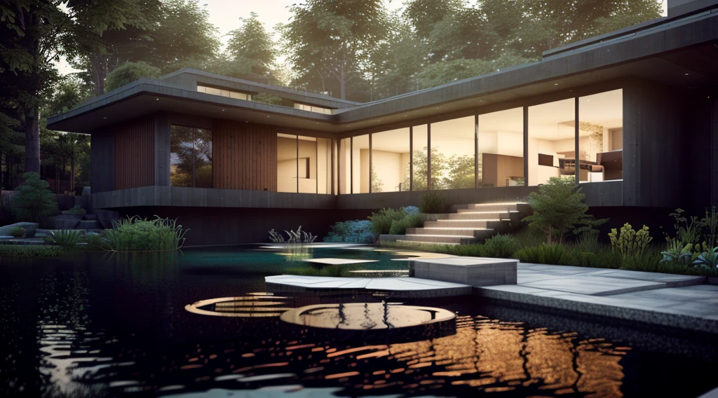 a close up of a house with a pond and steps, day lights, sunny day, unreal engine realistic render, architectural visualization, in the art style of filip hodas, lumion render, unreal engine highly rendered, photo-realistic unreal engine, architecture render, highly realistic unreal engine, rendered in unreal engine 4k hq