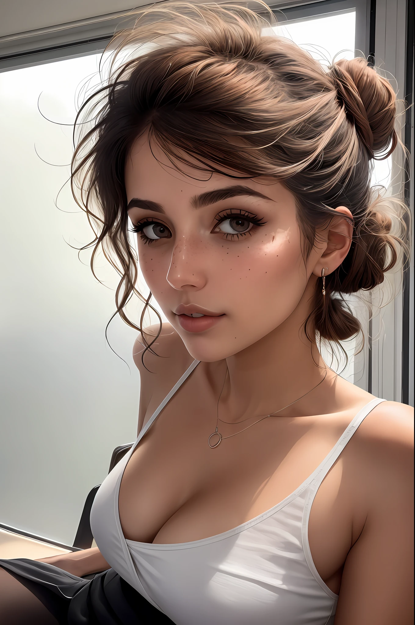 Messy hair, nice turk woman sitting in classroom, artwork on the blackboard, short black skirt, white blouse without buttons, messy buns, camera upwards, voyeurism, slightly sexually aroused, intimacy, soft light, warm light on face and body, computer, focus, skin and hair, soothing, high-detail skin, HDR, partially exposed. photo taken from below, freckle marks on the face,